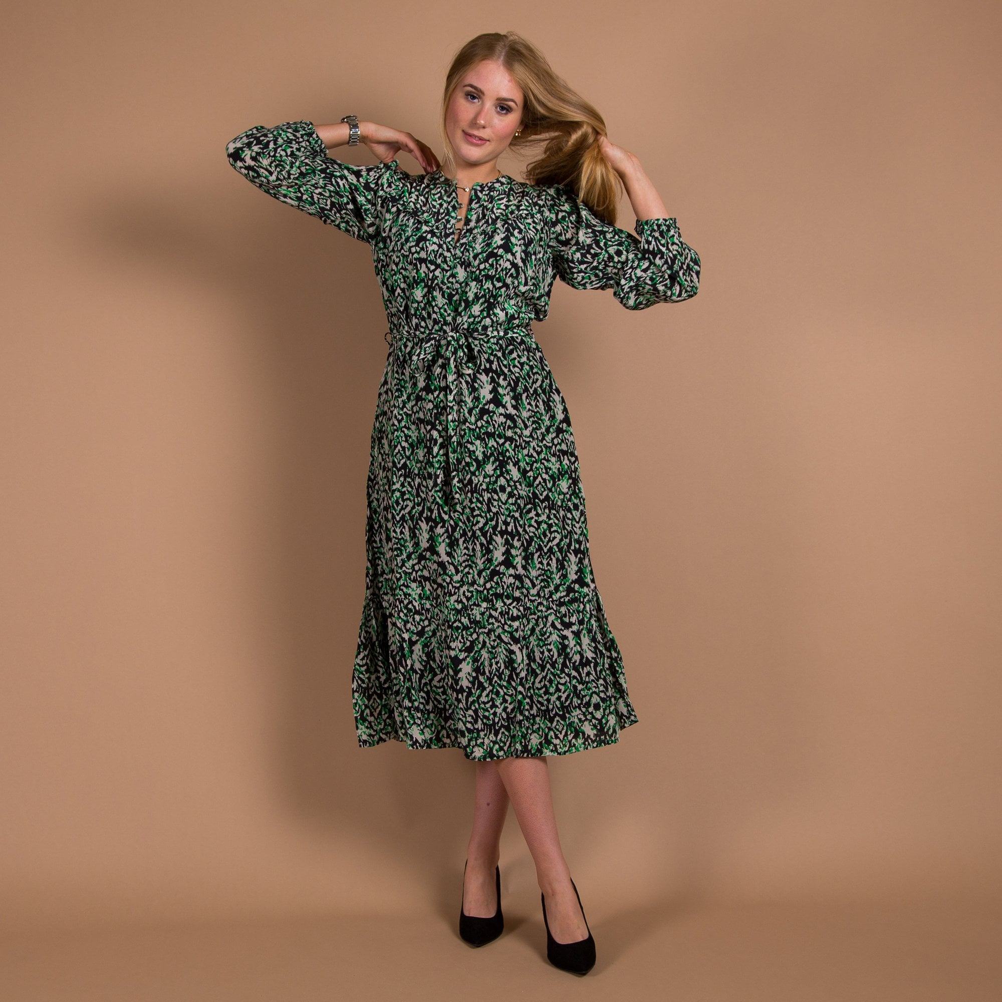 Moliin Nicole Midi Ikat Print Button Down Belted Dress Black/green