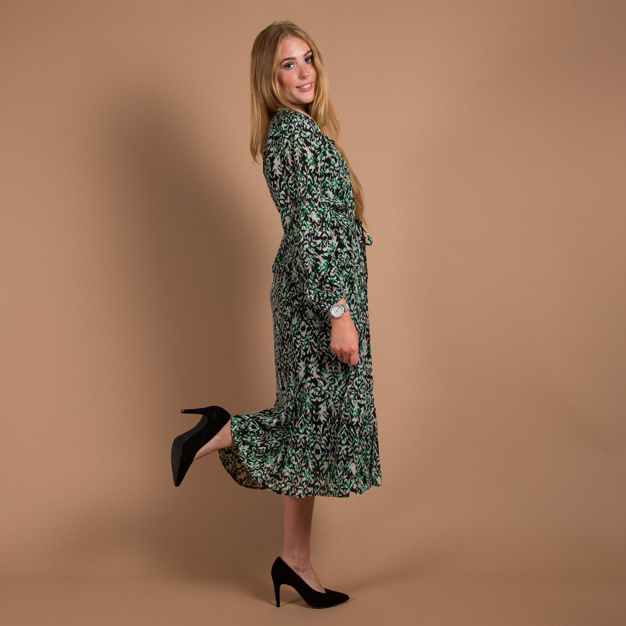 Moliin Nicole Midi Ikat Print Button Down Belted Dress Black/green