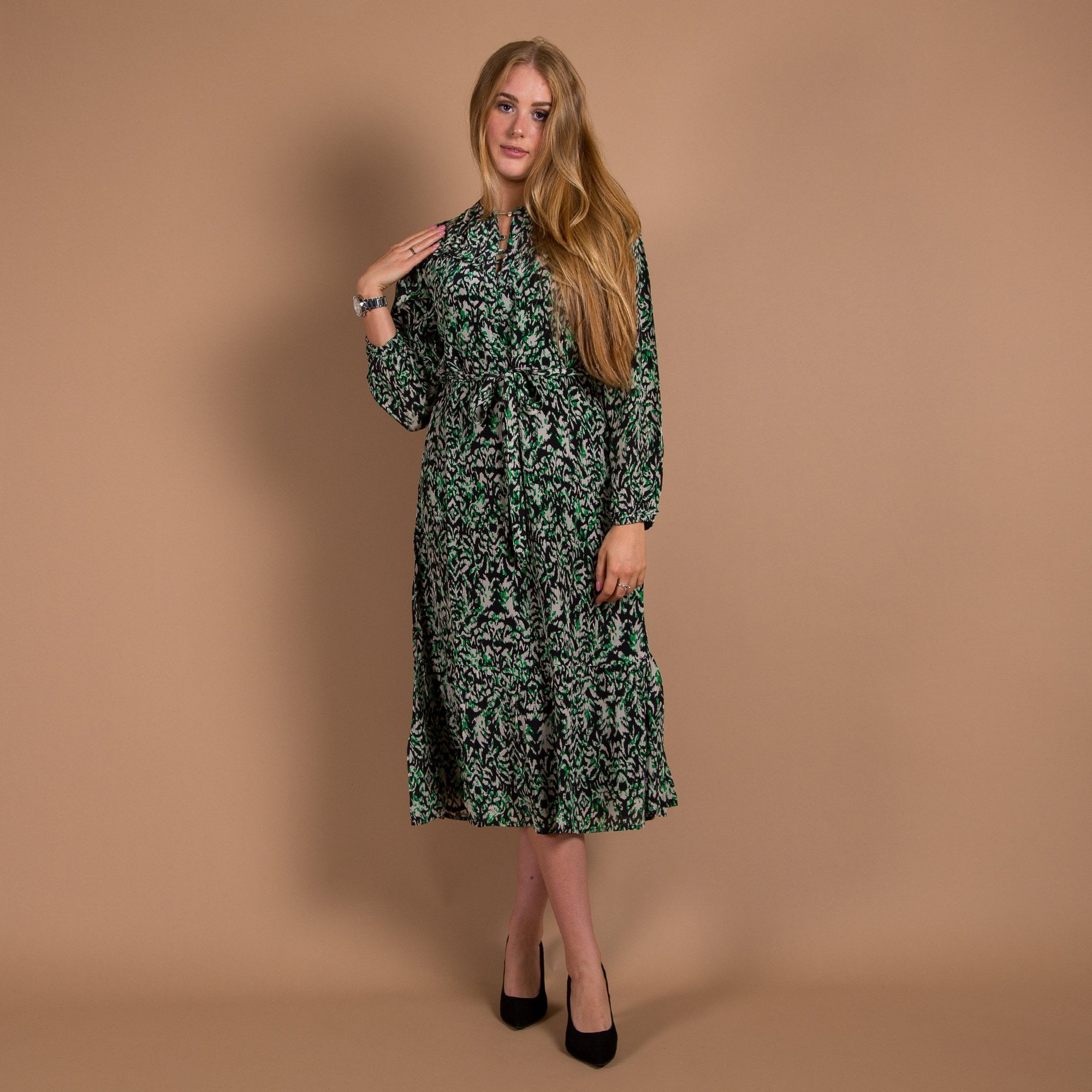 Moliin Nicole Midi Ikat Print Button Down Belted Dress Black/green