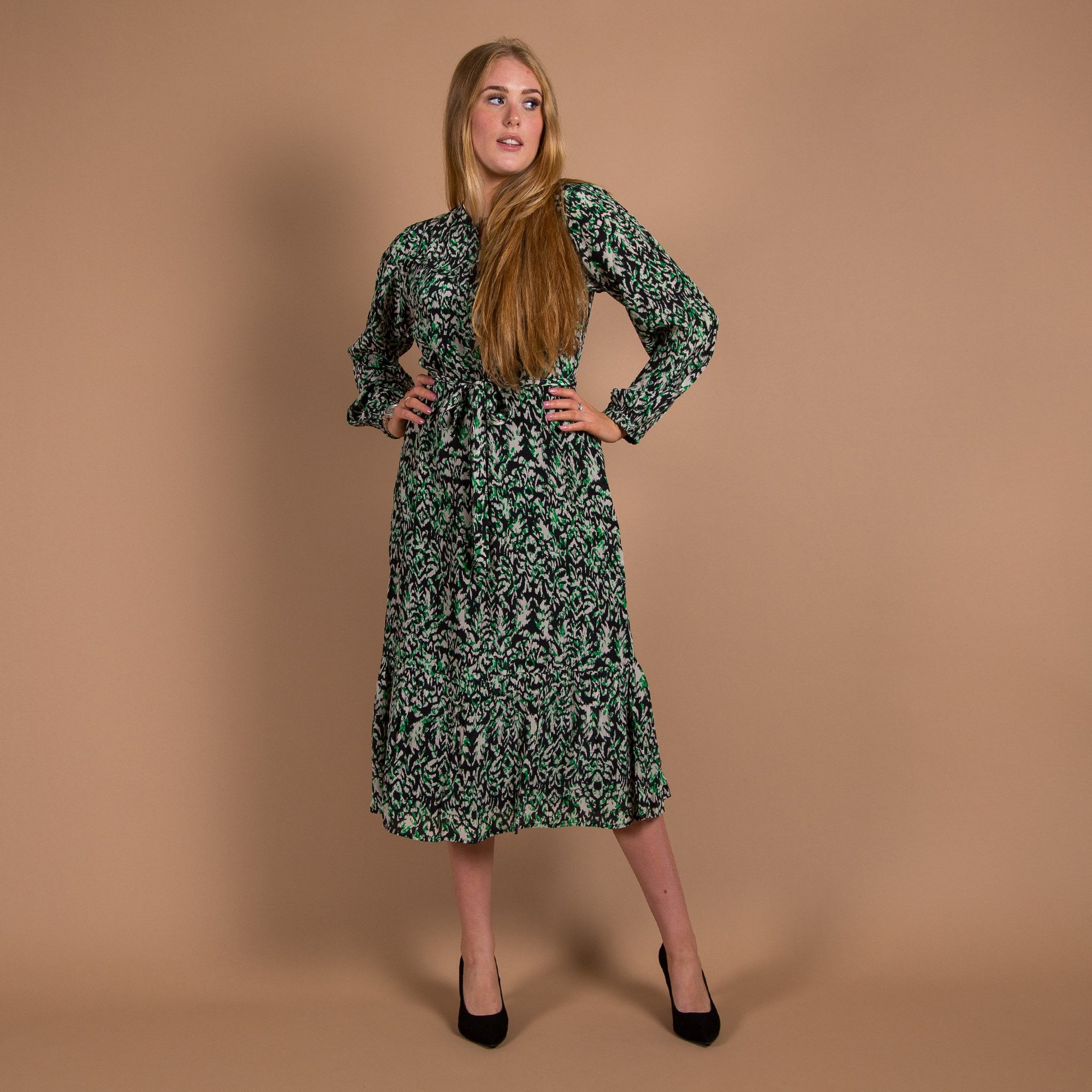 Moliin Nicole Midi Ikat Print Button Down Belted Dress Black/green
