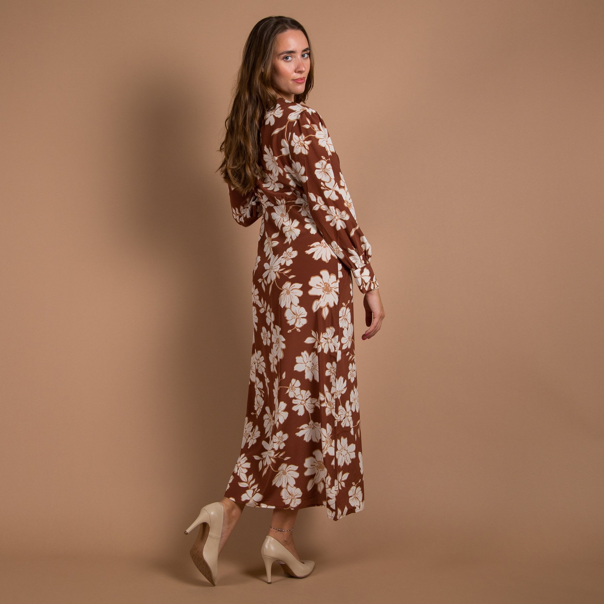 Primrose Park Opal V Neck Button Down Blown Floral Print Dress Brown/cream