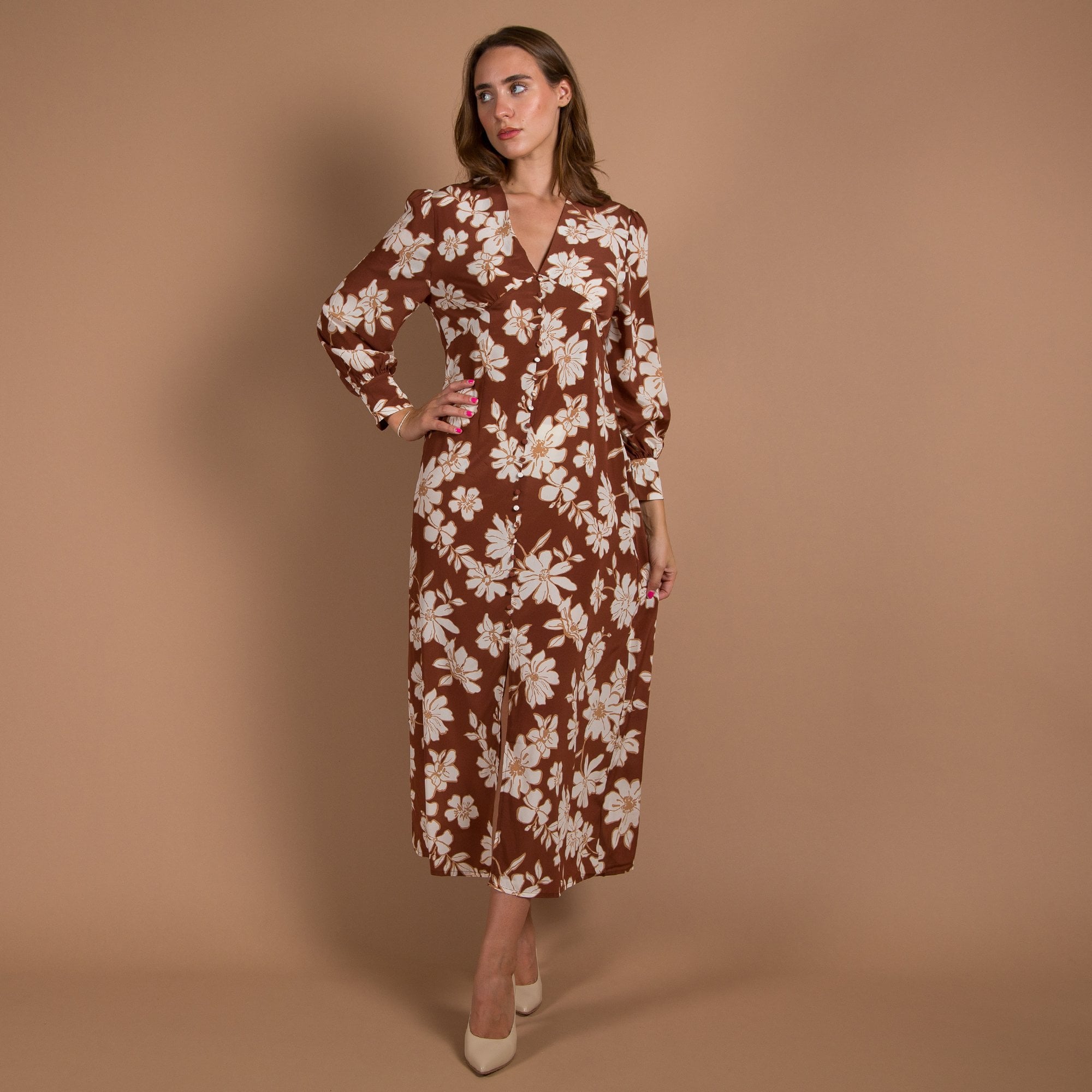 Primrose Park Opal V Neck Button Down Blown Floral Print Dress Brown/cream