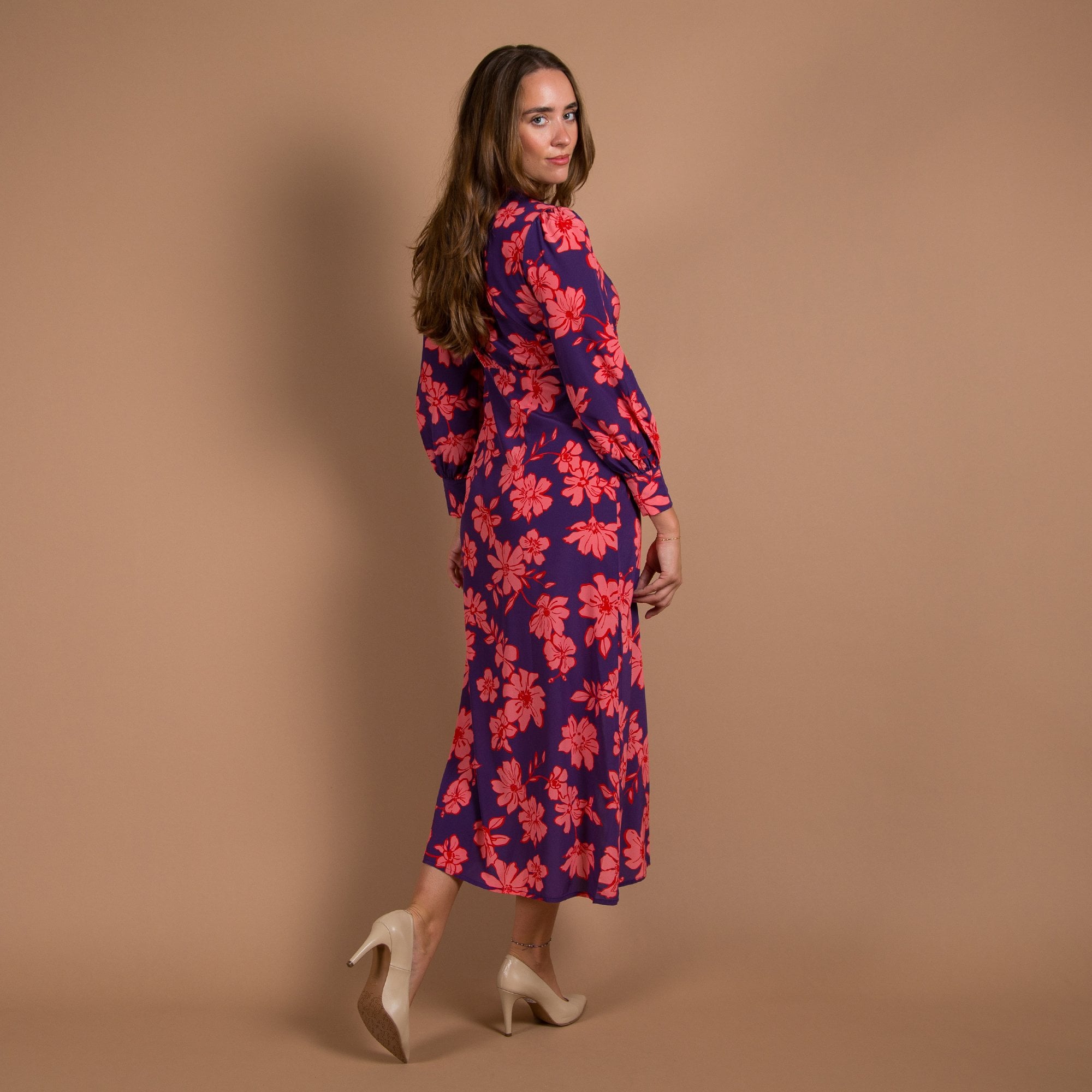 Primrose Park Opal V Neck Button Down Blown Floral Print Dress Purple/pink