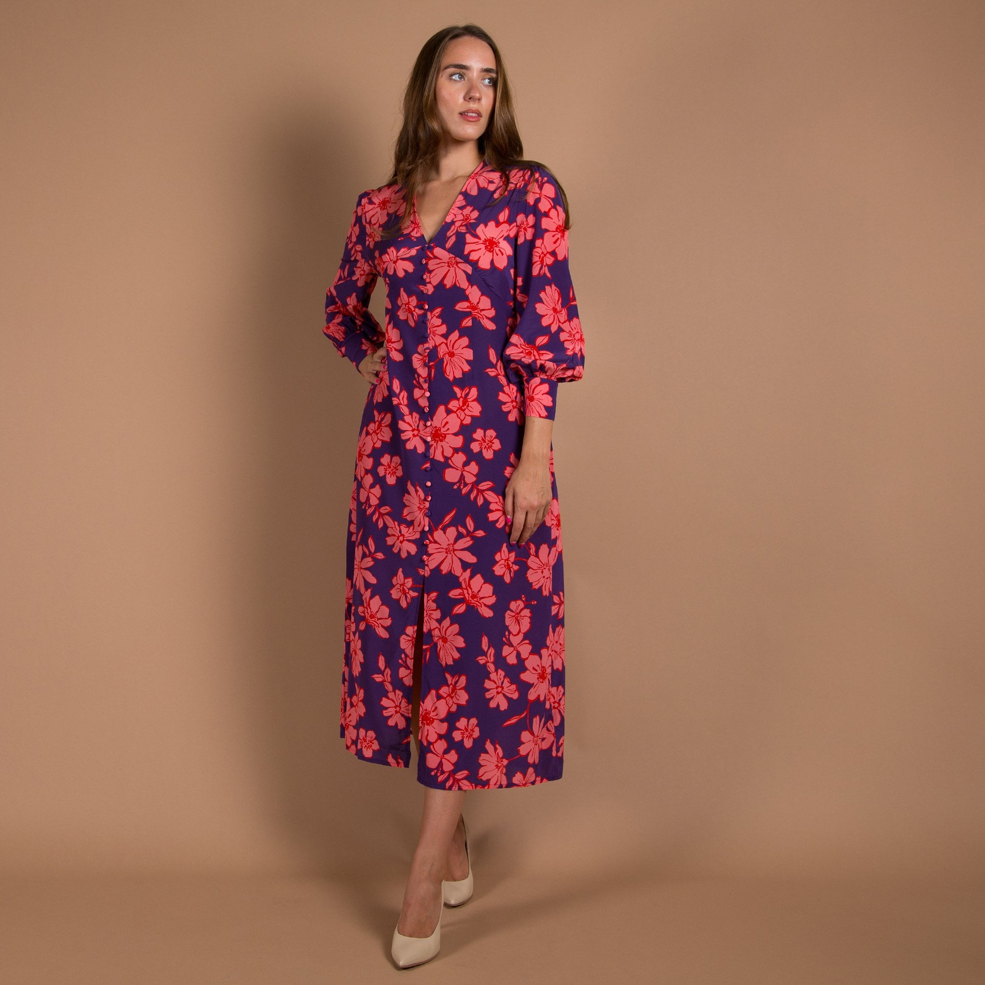 Primrose Park Opal V Neck Button Down Blown Floral Print Dress Purple/pink