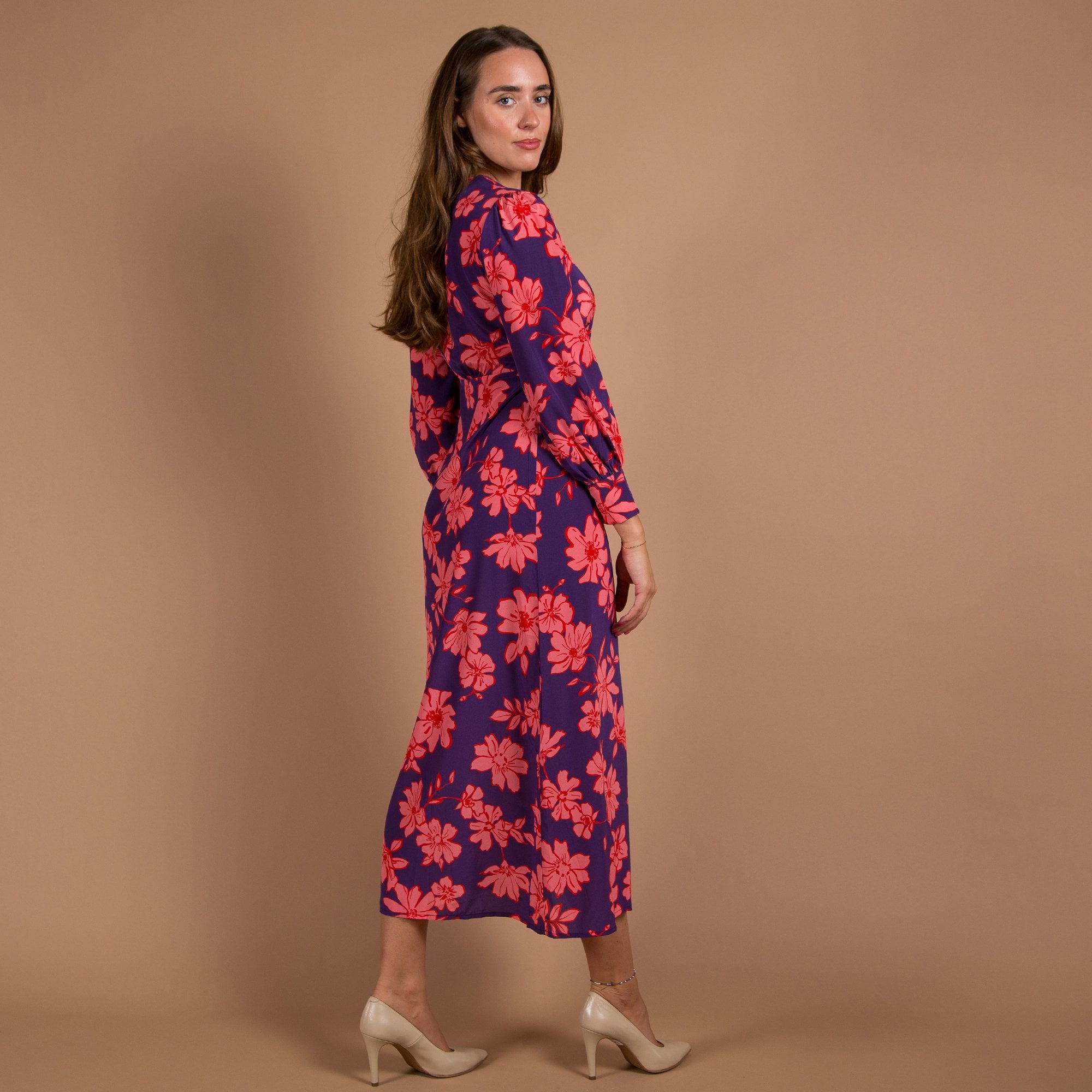 Primrose Park Opal V Neck Button Down Blown Floral Print Dress Purple/pink