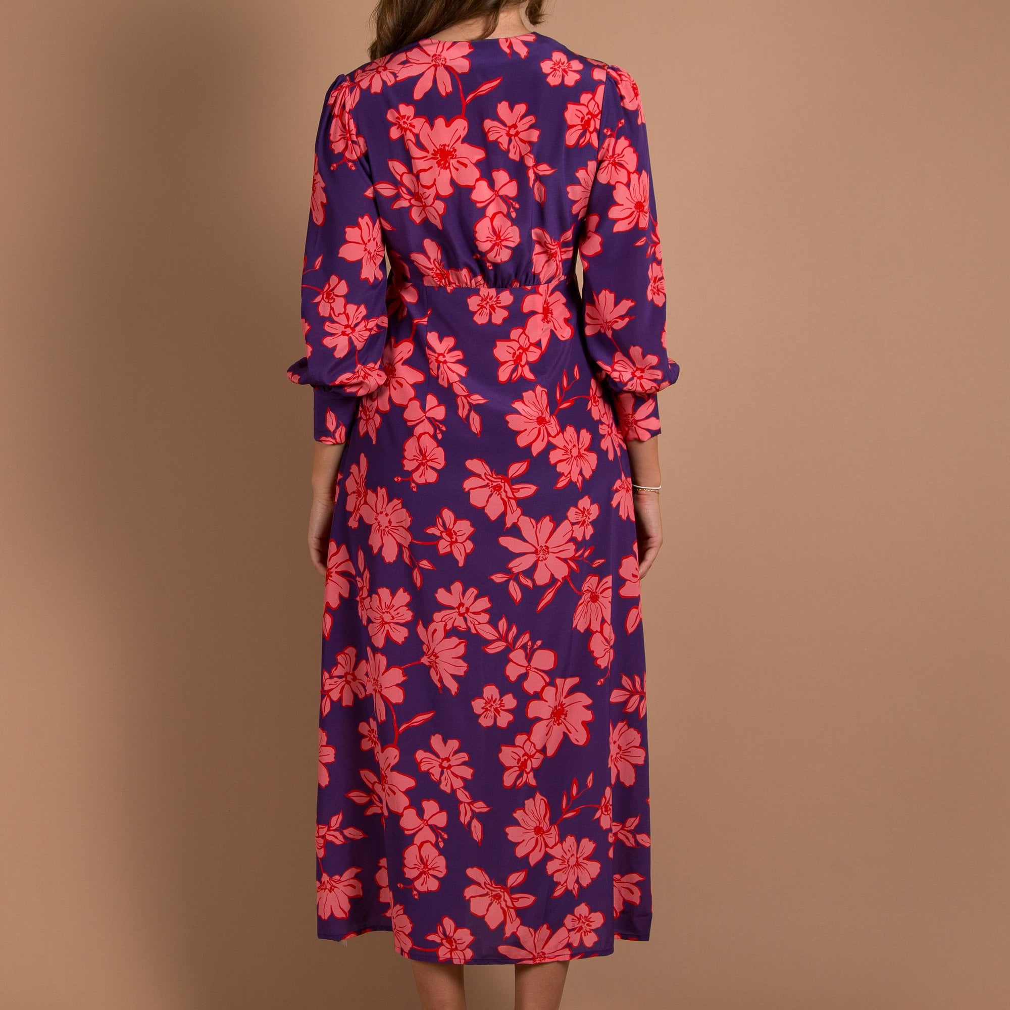 Primrose Park Opal V Neck Button Down Blown Floral Print Dress Purple/pink