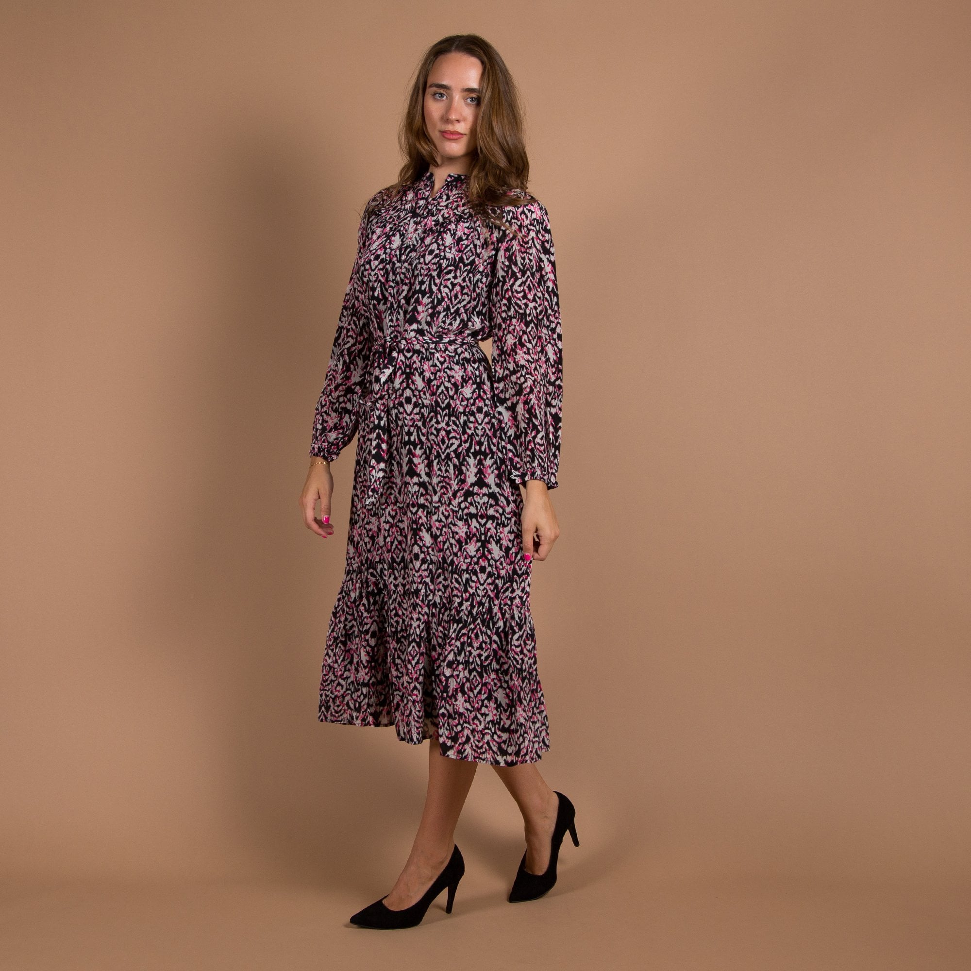 Moliin Nicole Midi Ikat Print Button Down Belted Dress Black/pink