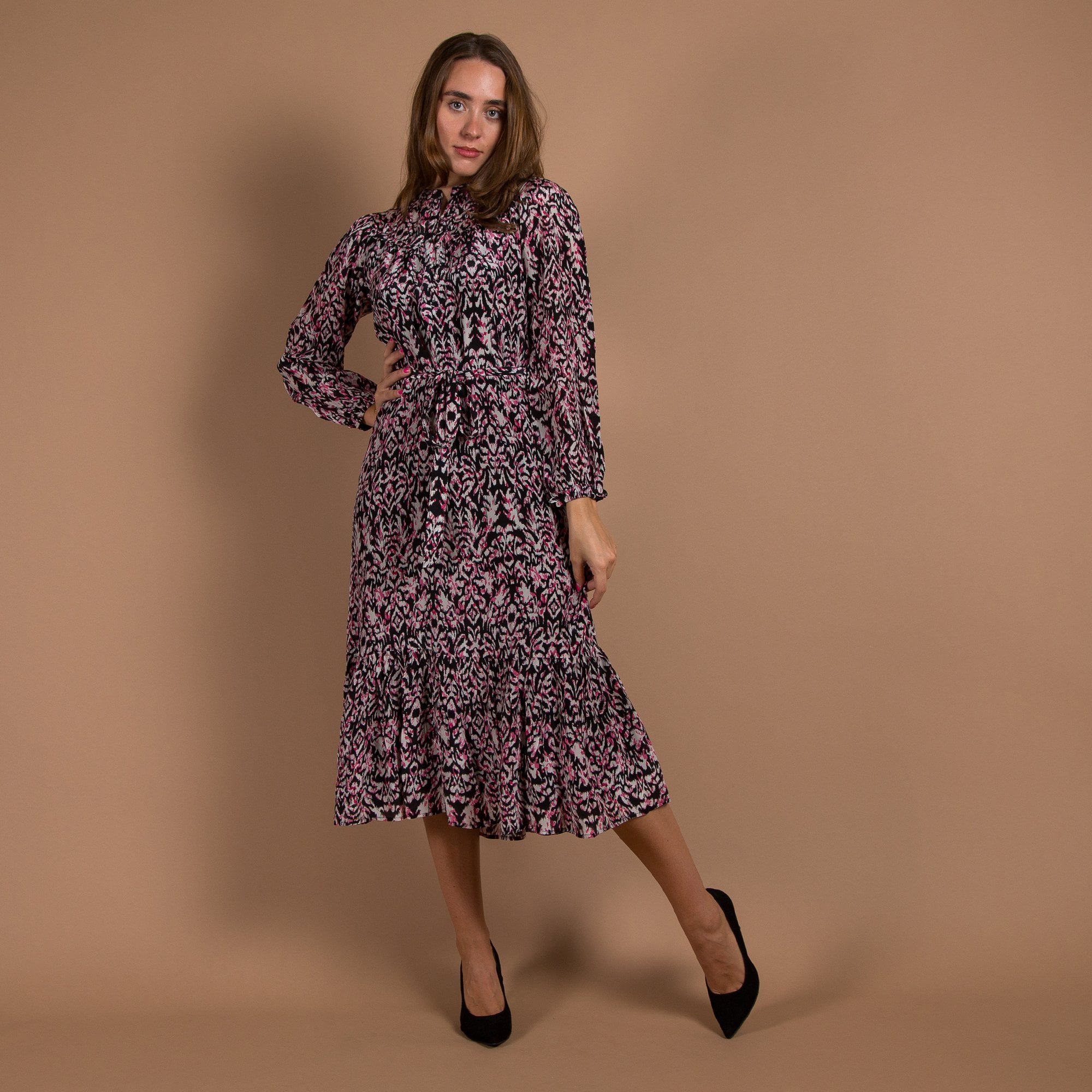 Moliin Nicole Midi Ikat Print Button Down Belted Dress Black/pink