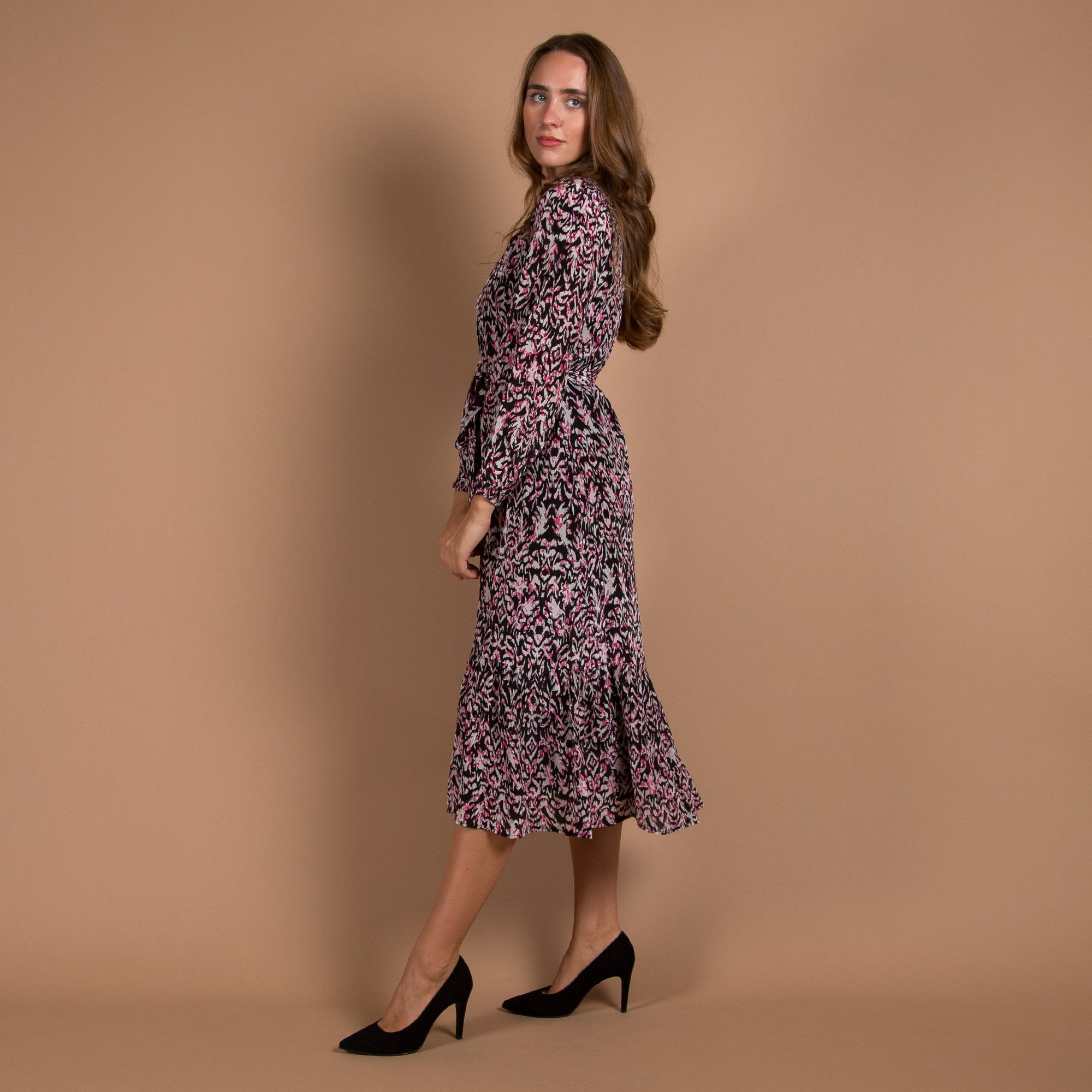 Moliin Nicole Midi Ikat Print Button Down Belted Dress Black/pink