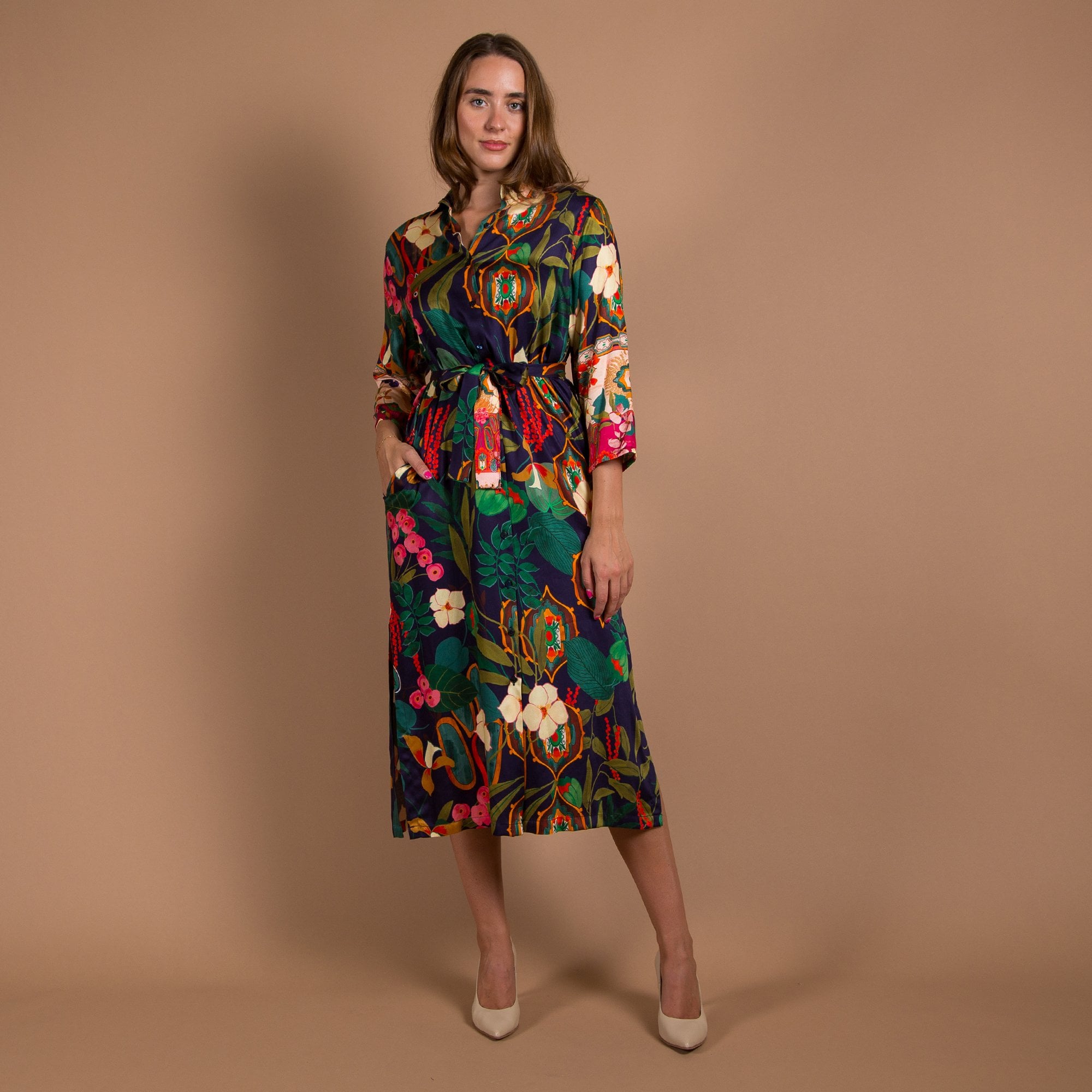 Vilagallo Dafne Vintage Floral Print Belted Shirt Dress Multi