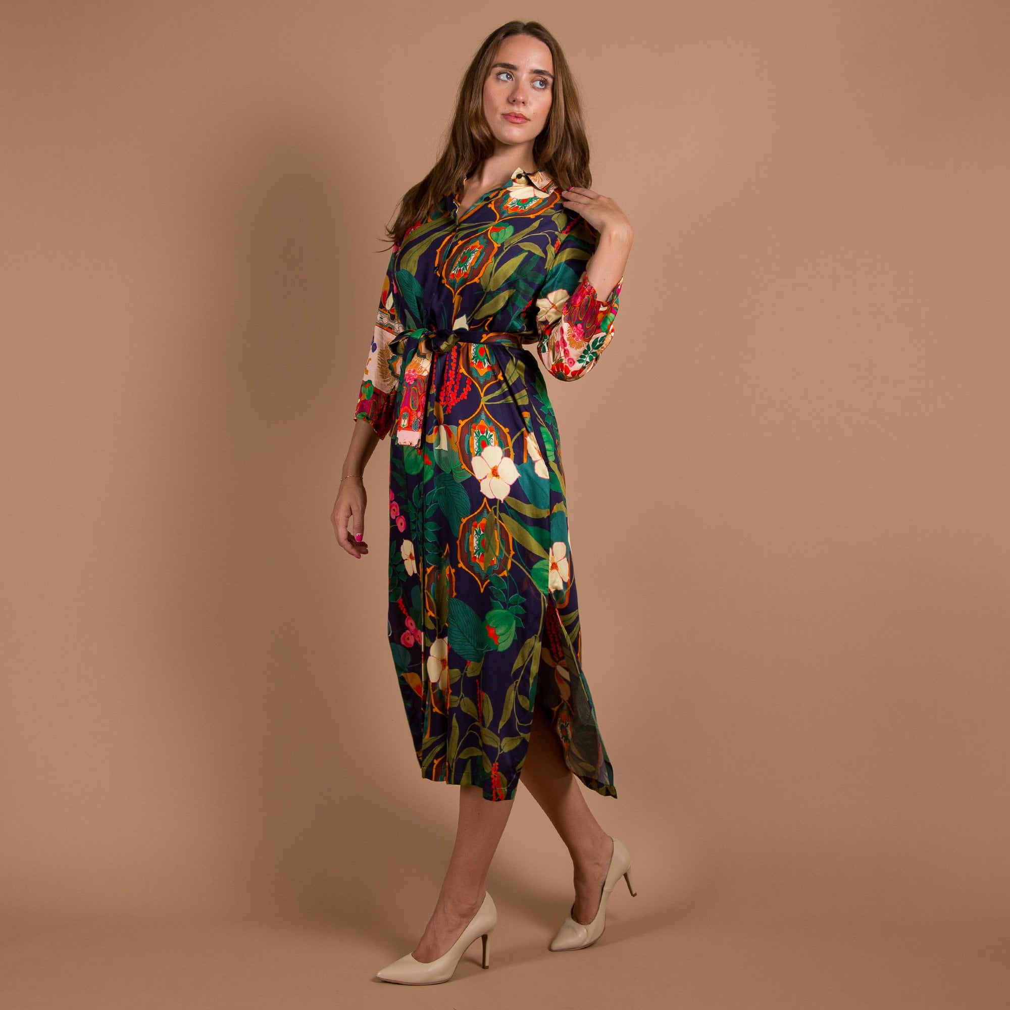 Vilagallo Dafne Vintage Floral Print Belted Shirt Dress Multi