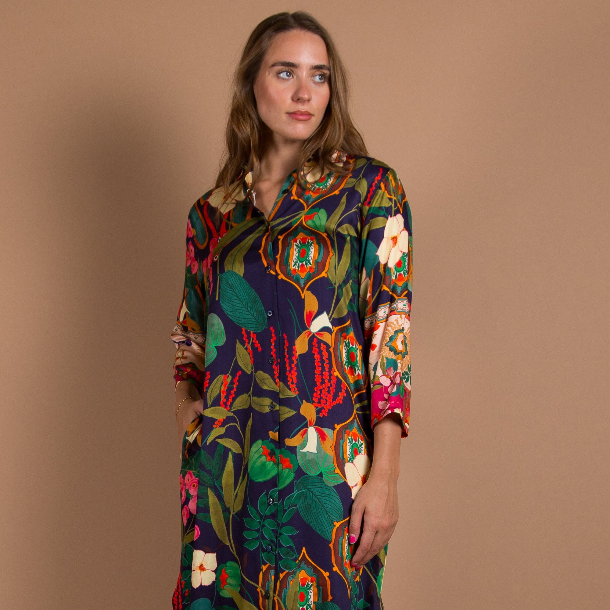 Vilagallo Dafne Vintage Floral Print Belted Shirt Dress Multi