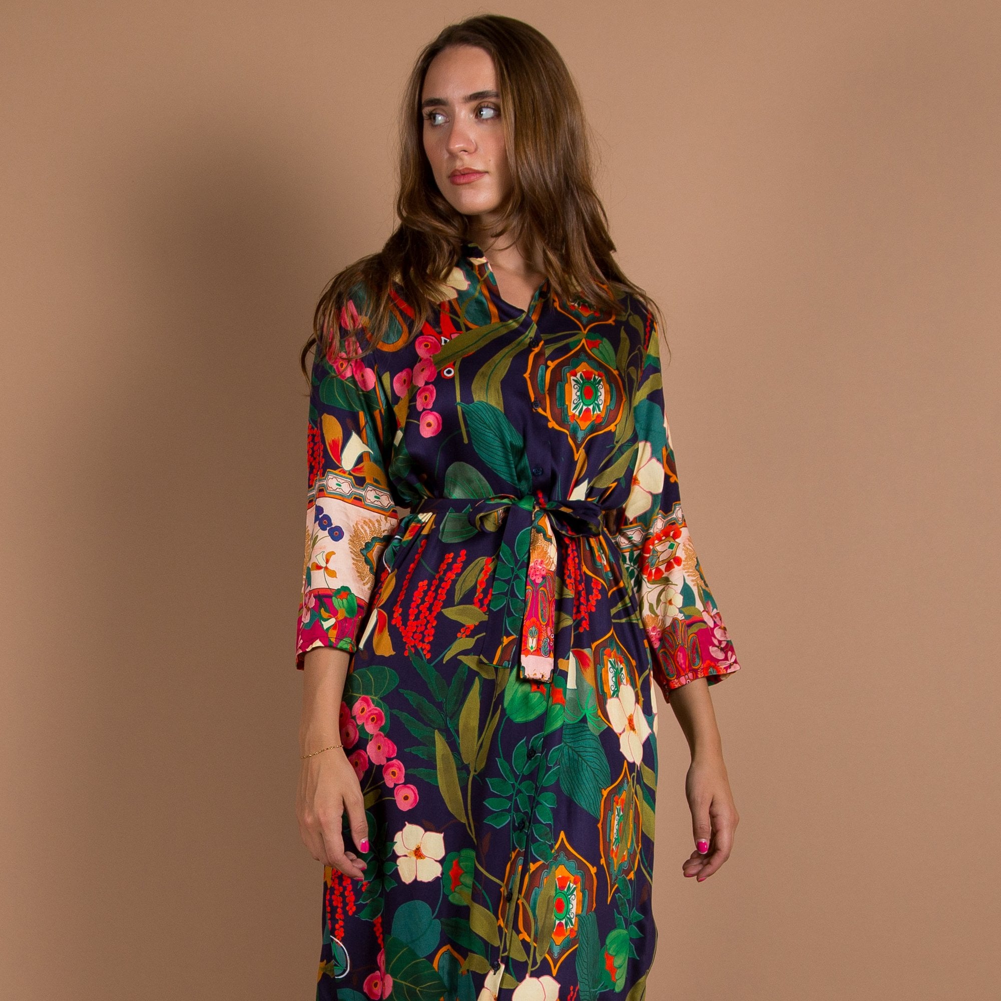 Vilagallo Dafne Vintage Floral Print Belted Shirt Dress Multi