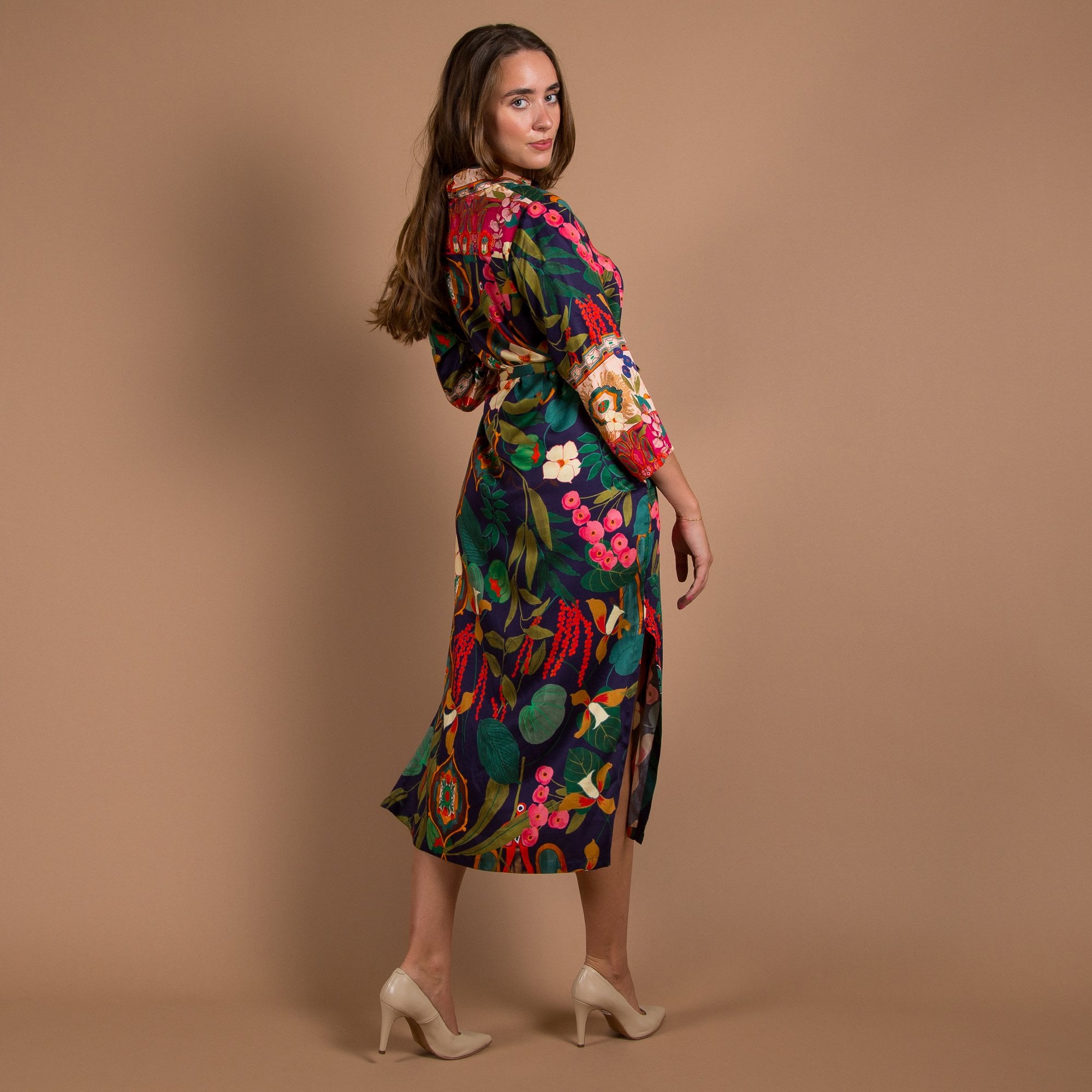 Vilagallo Dafne Vintage Floral Print Belted Shirt Dress Multi