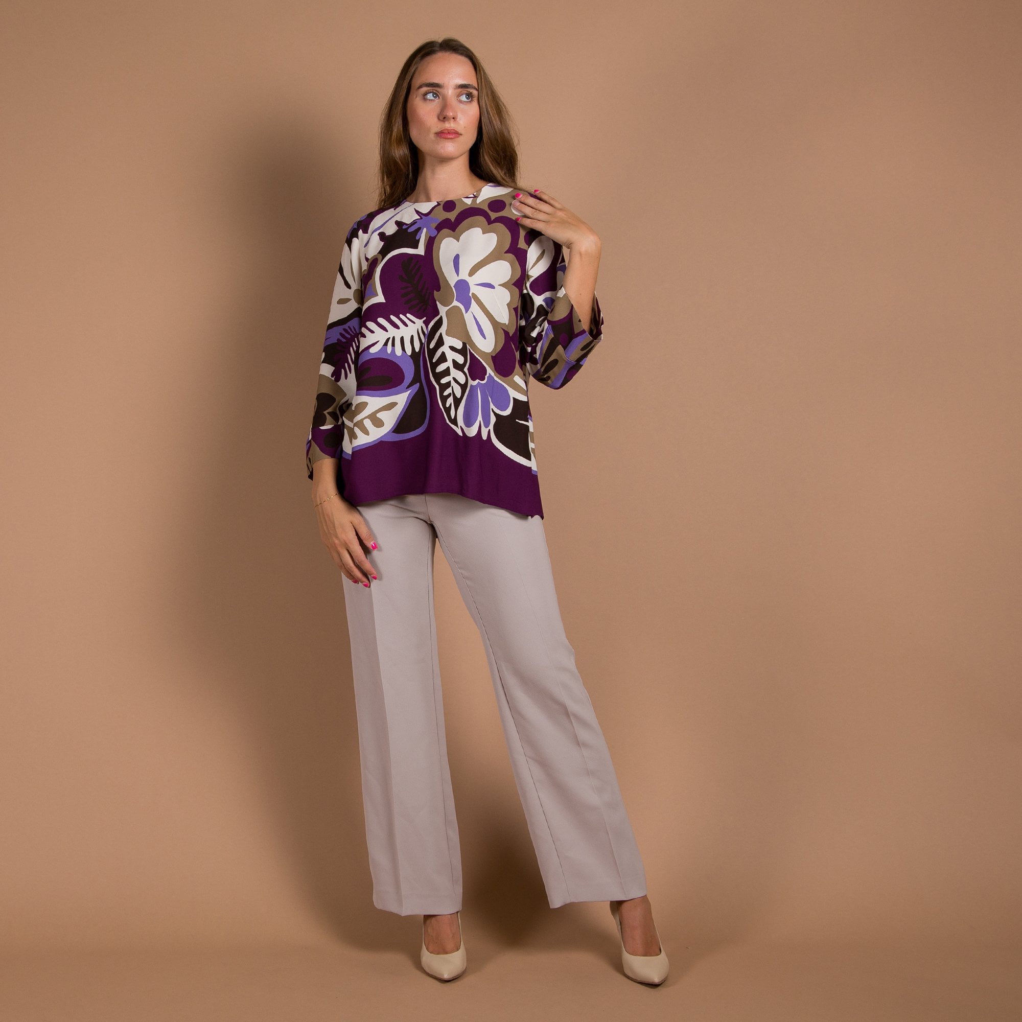 Luisa Cerano Blown Up Floral Print Loose Blouse Purple/ivory