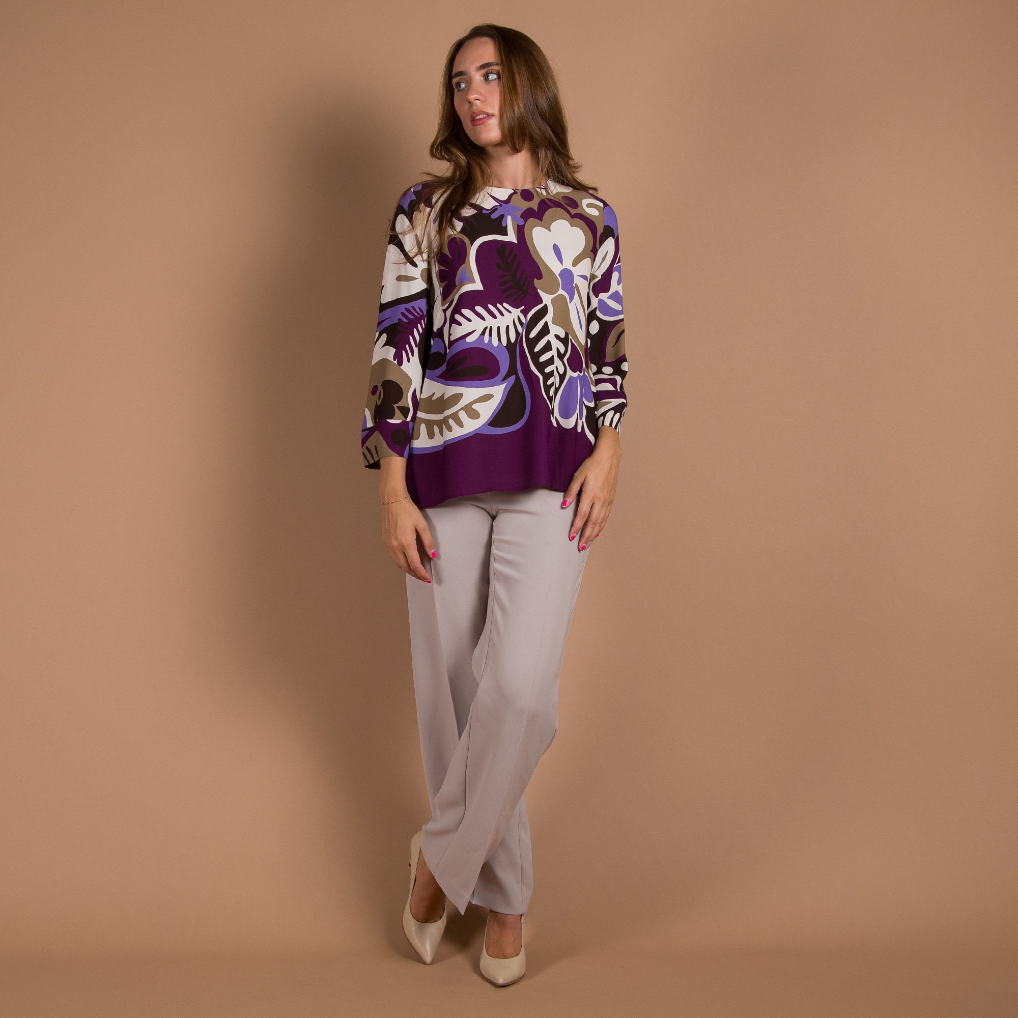 Luisa Cerano Blown Up Floral Print Loose Blouse Purple/ivory