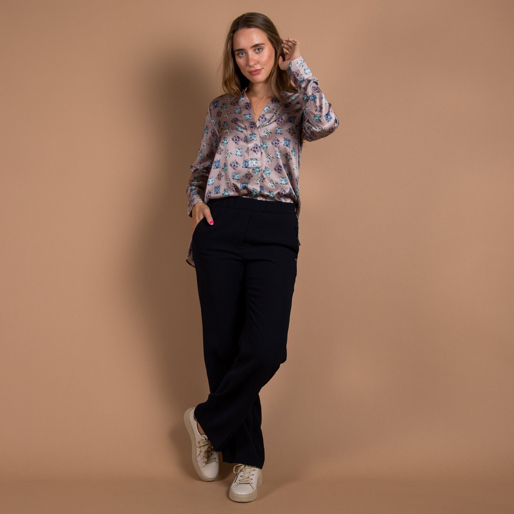 Charlotte Sparre Winter Bliss Tiger Print Split Neck Silk Blouse Taupe/black