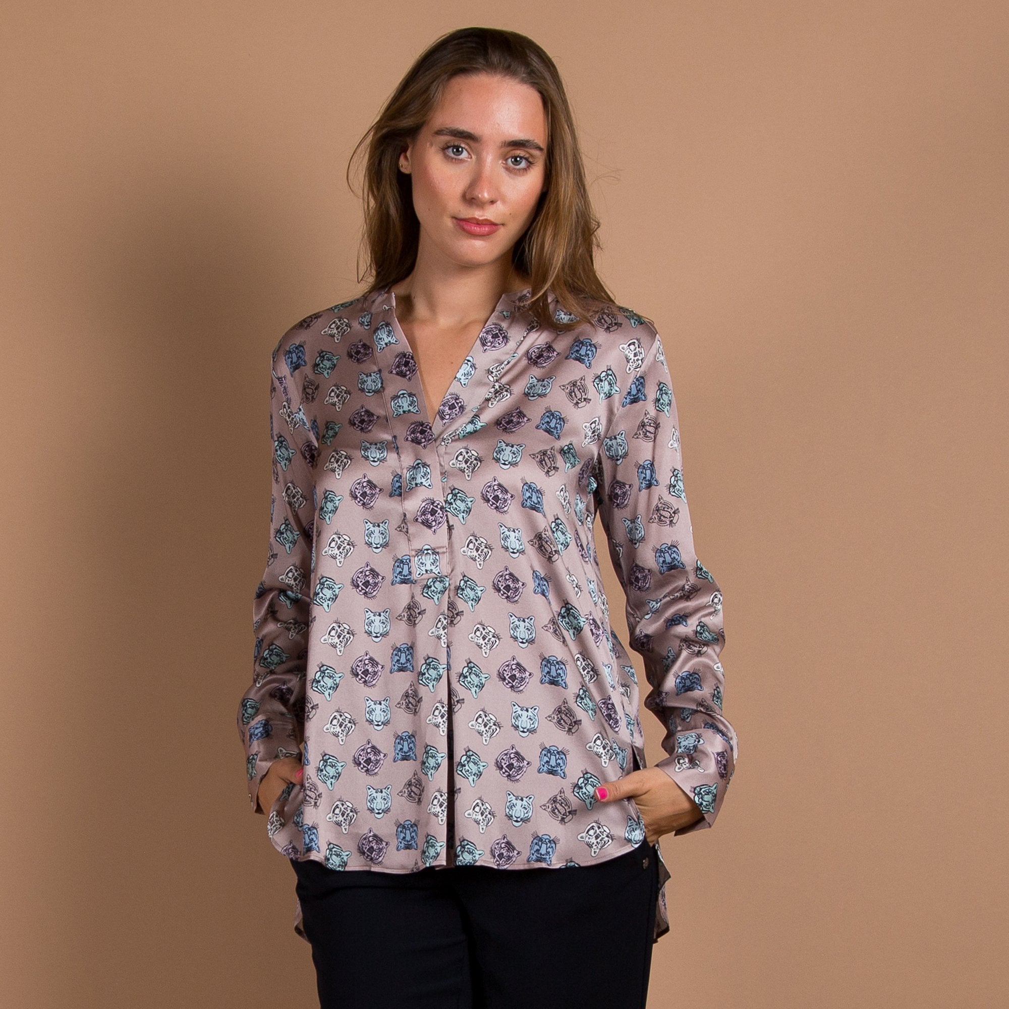 Charlotte Sparre Winter Bliss Tiger Print Split Neck Silk Blouse Taupe/black