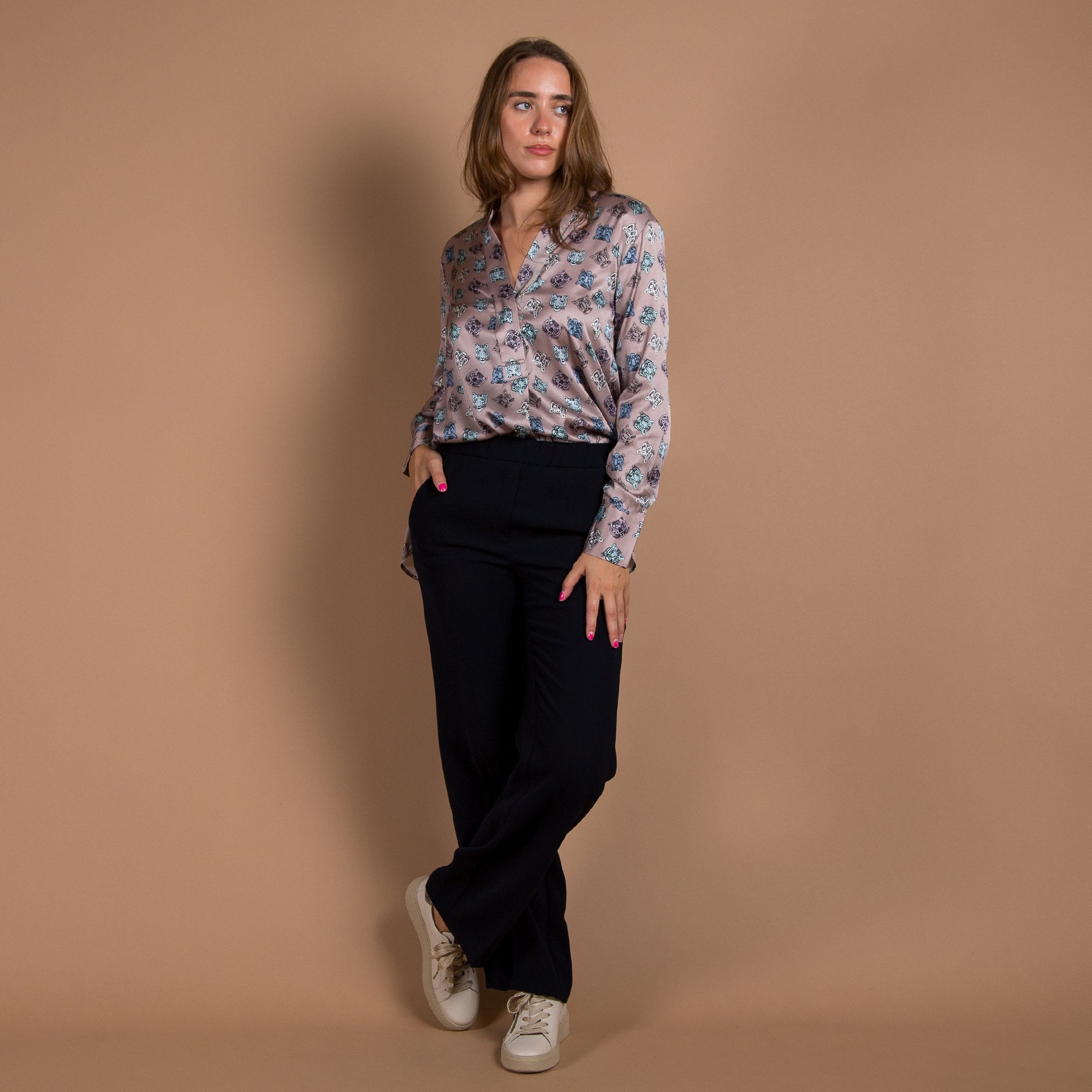 Charlotte Sparre Winter Bliss Tiger Print Split Neck Silk Blouse Taupe/black