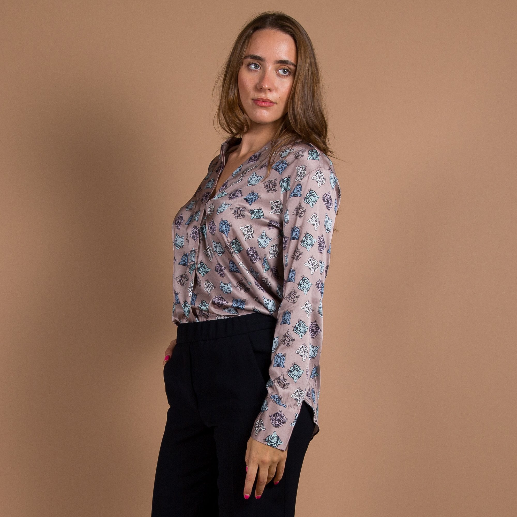 Charlotte Sparre Winter Bliss Tiger Print Split Neck Silk Blouse Taupe/black
