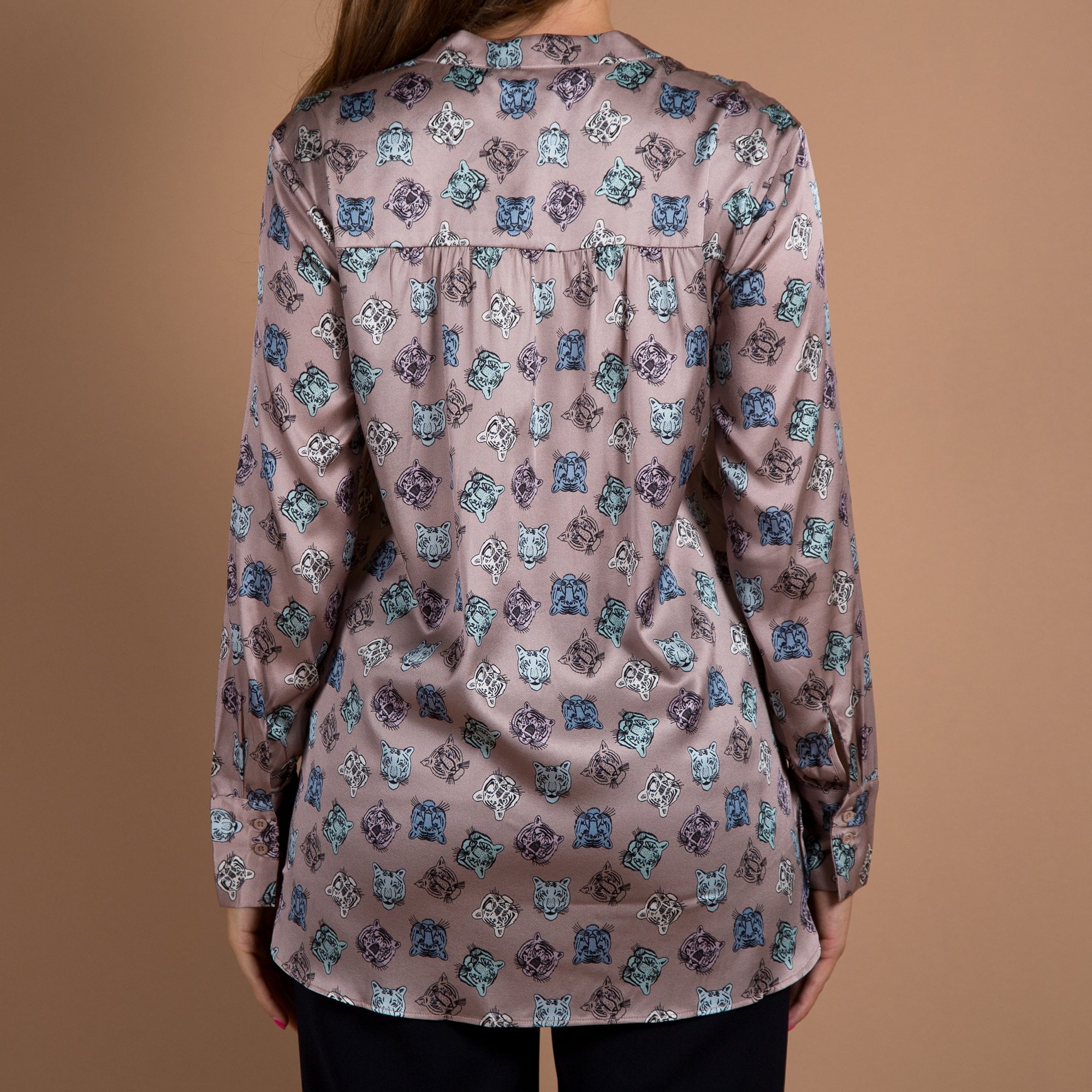 Charlotte Sparre Winter Bliss Tiger Print Split Neck Silk Blouse Taupe/black