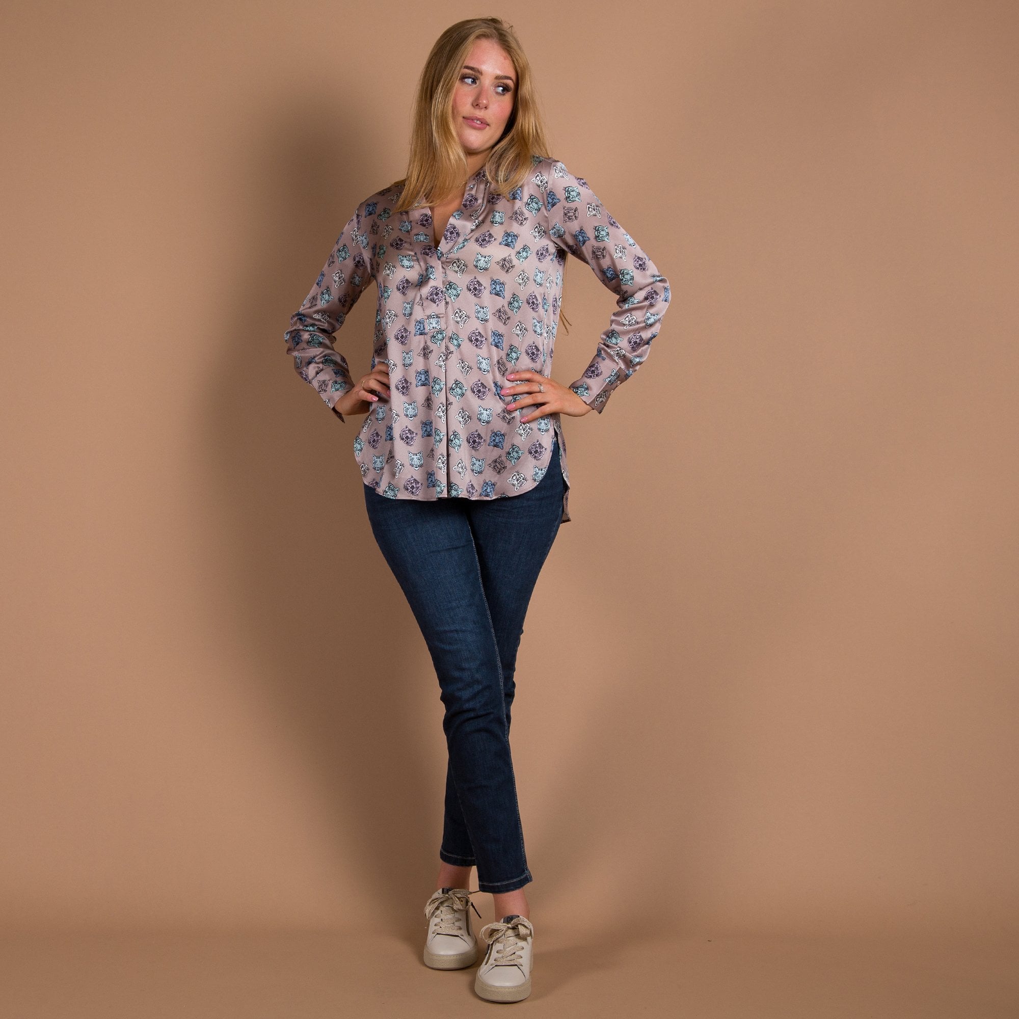 Charlotte Sparre Winter Bliss Tiger Print Split Neck Silk Blouse Taupe/black