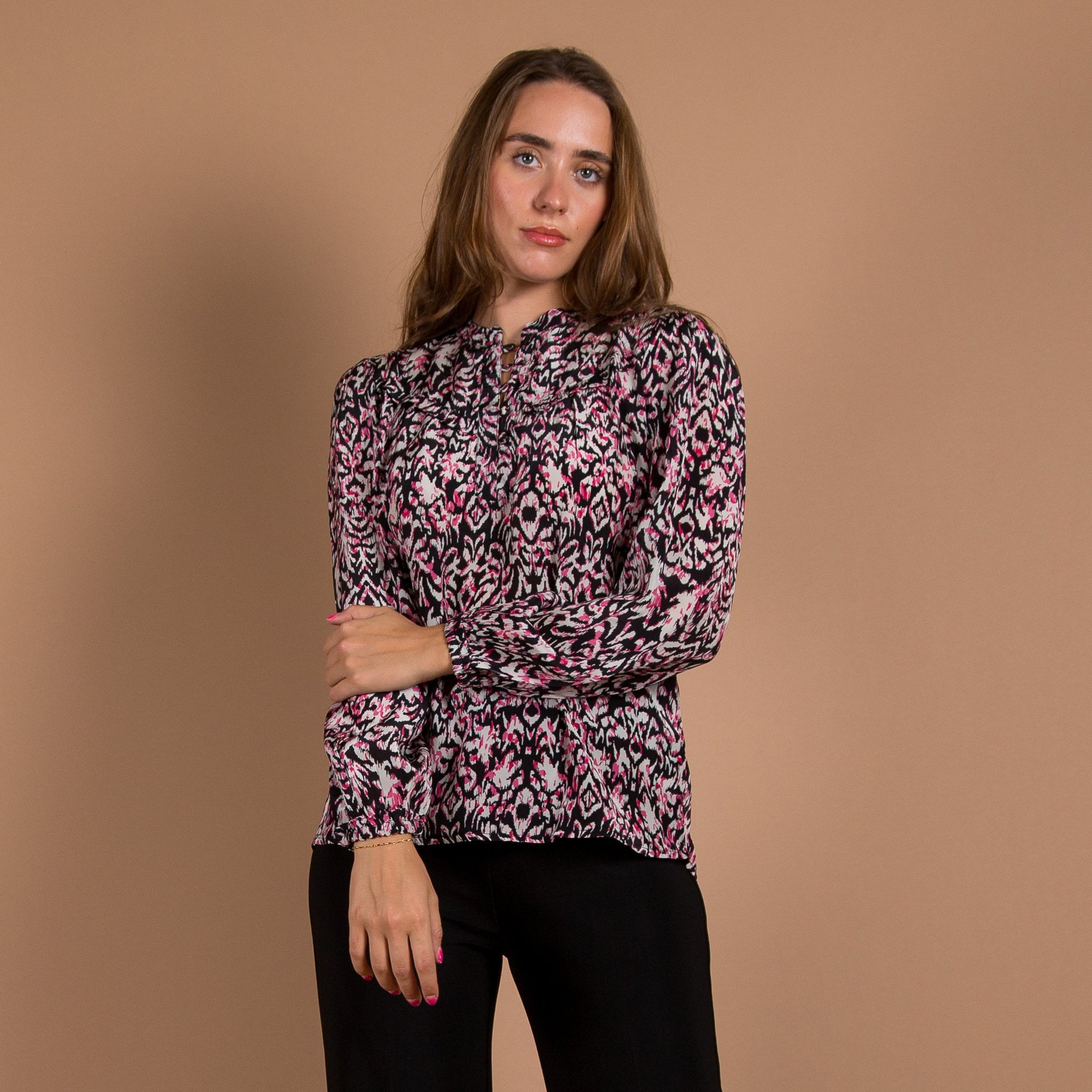 Moliin Mia Ikat Print Button Down Blouse Black/Pink