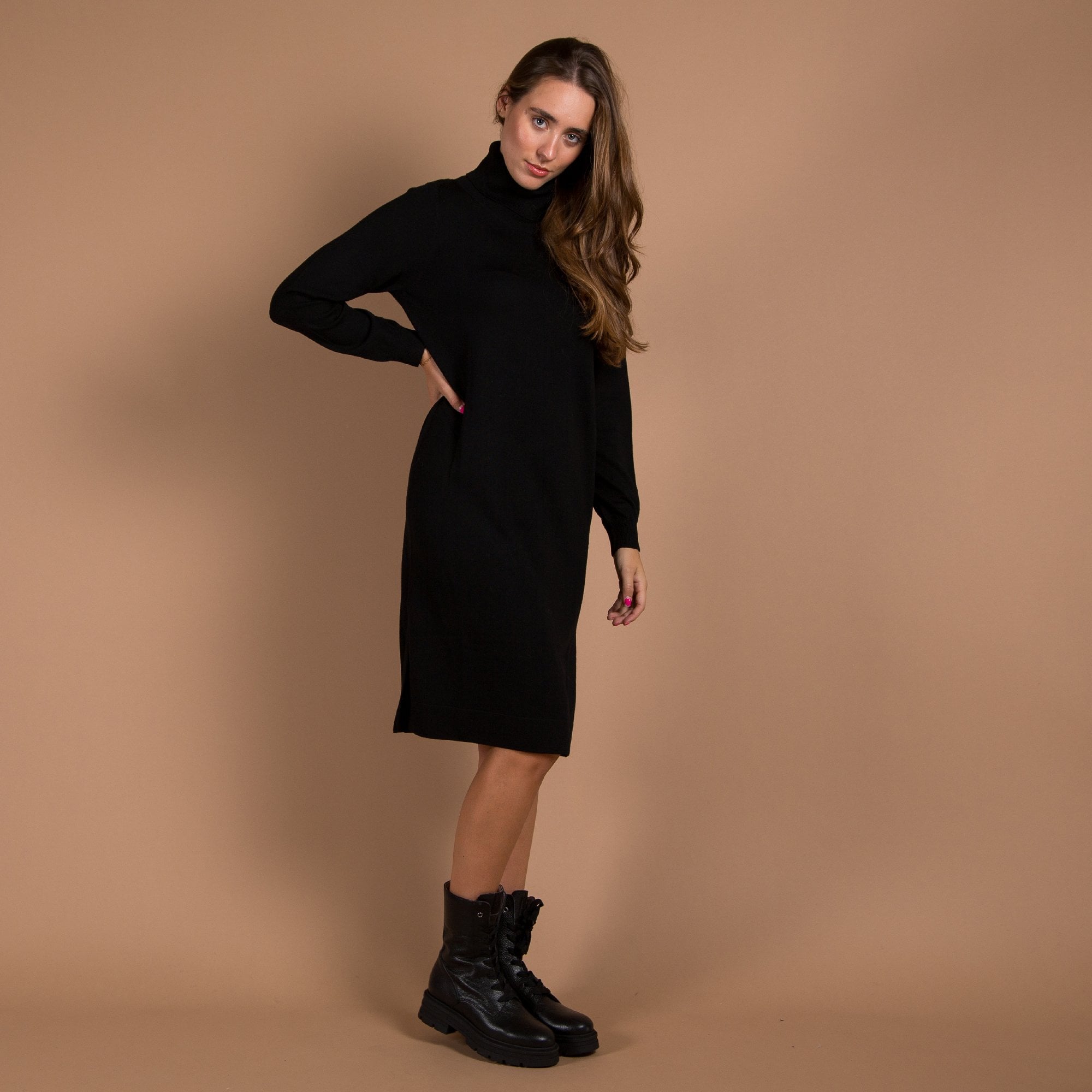Repeat Cashmere Button Roll Neck Knit Midi Dress Black