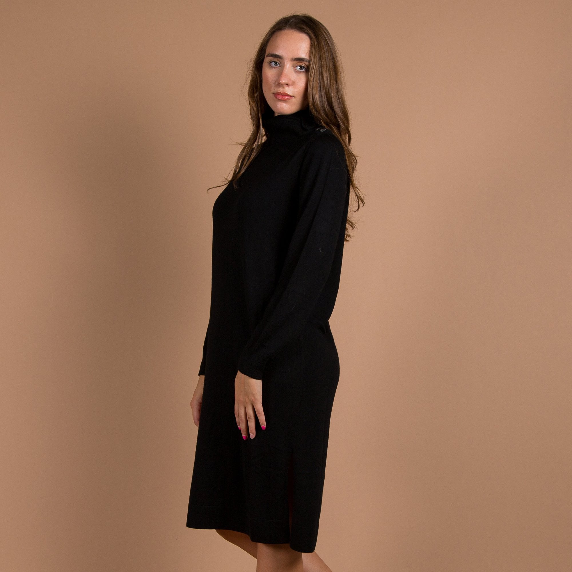 Repeat Cashmere Button Roll Neck Knit Midi Dress Black