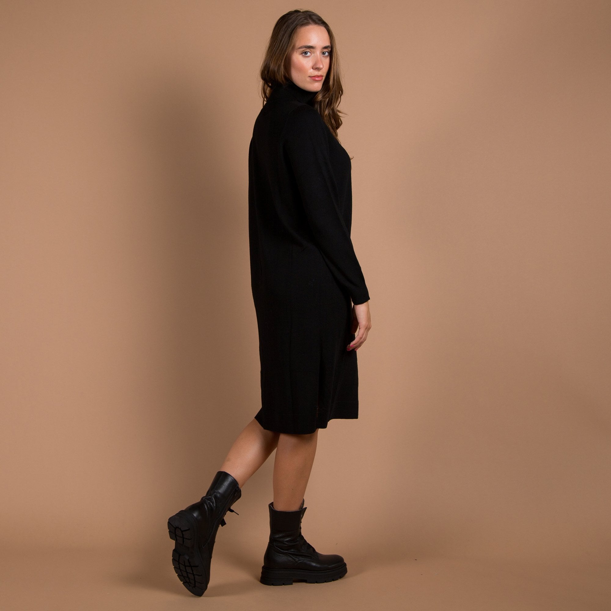 Repeat Cashmere Button Roll Neck Knit Midi Dress Black