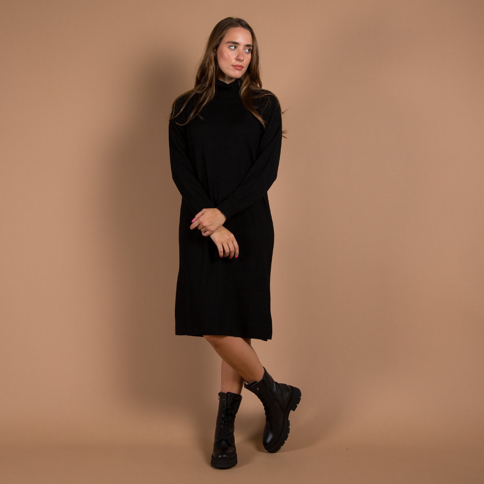 Repeat Cashmere Button Roll Neck Knit Midi Dress Black