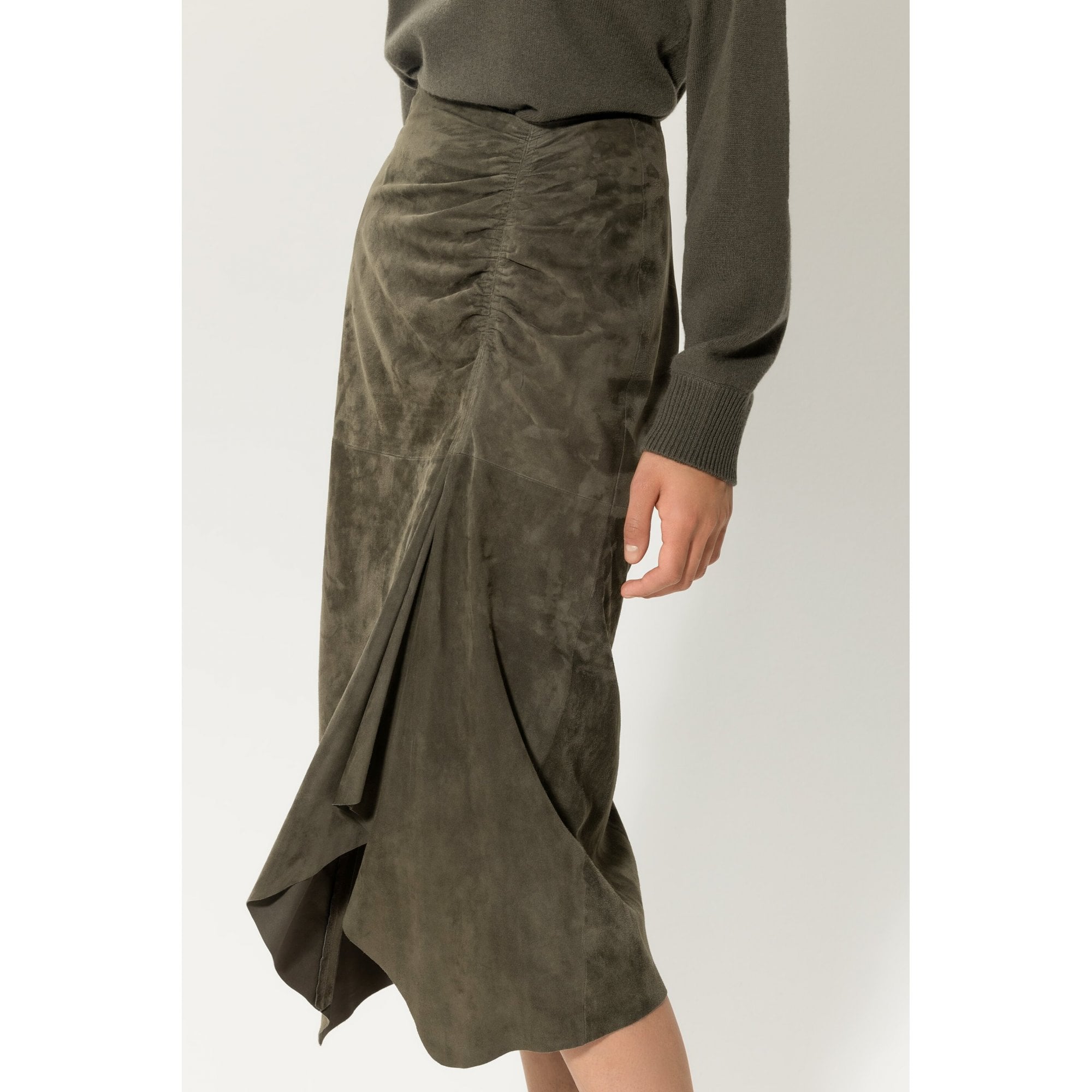 Luisa Cerano Suede Asymmetric Ruched Side Skirt Khaki
