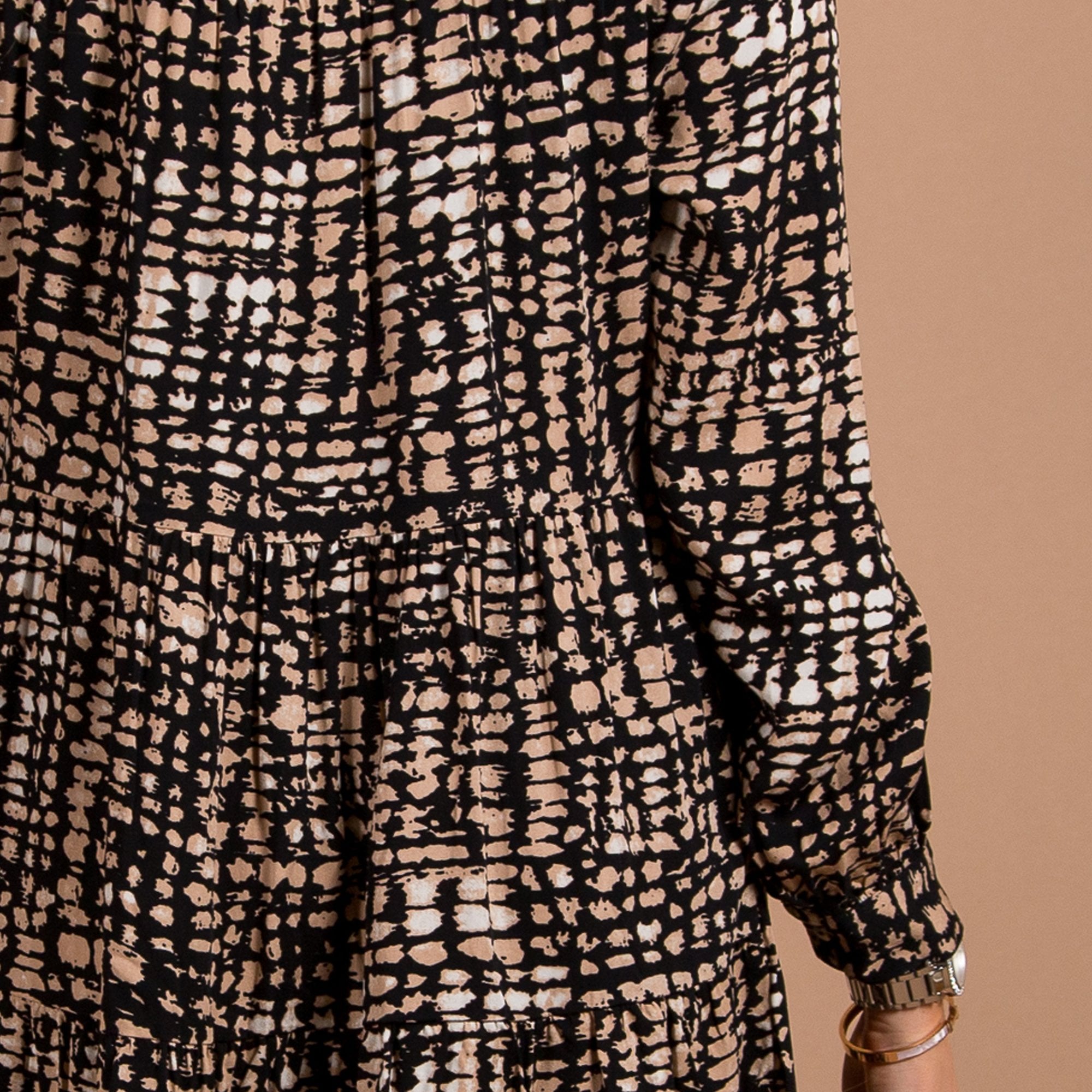 Rino & Pelle Dara Blurry Check Print Tiered Dress Black/camel