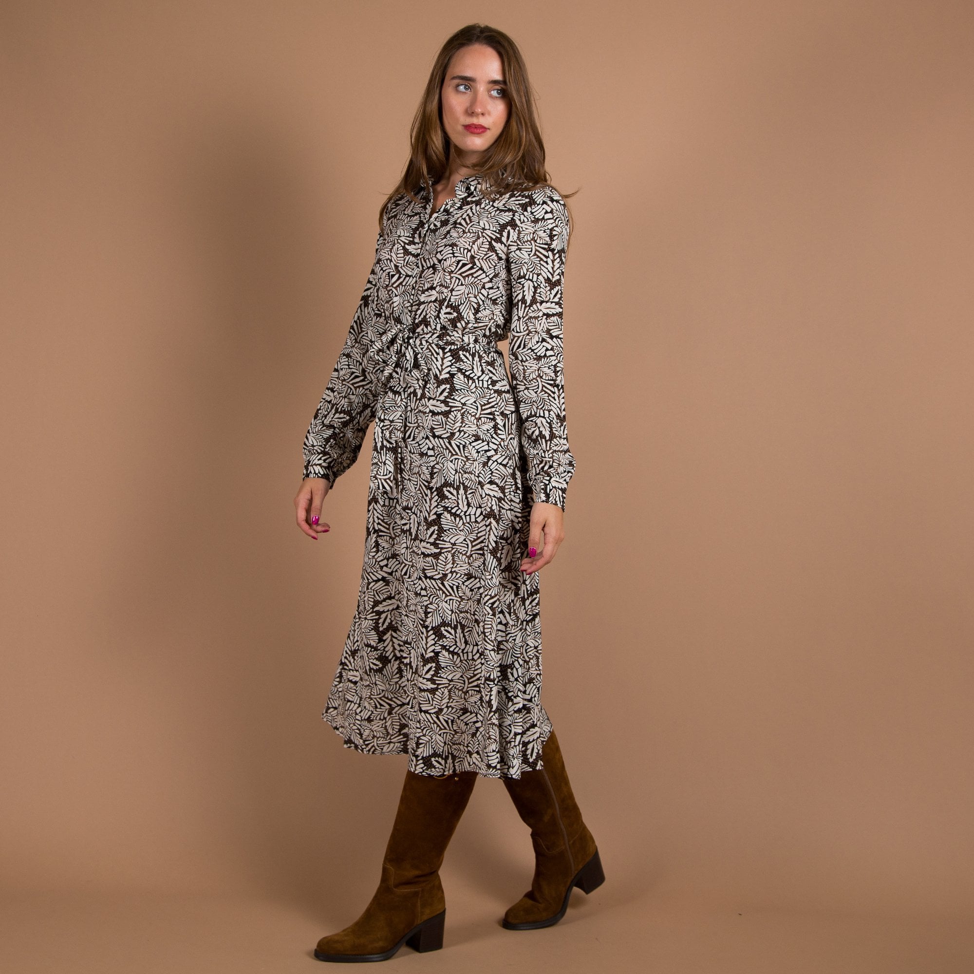 Part Two Shelby Belted Leaf Print Midi Shirt Dress Black/ivory