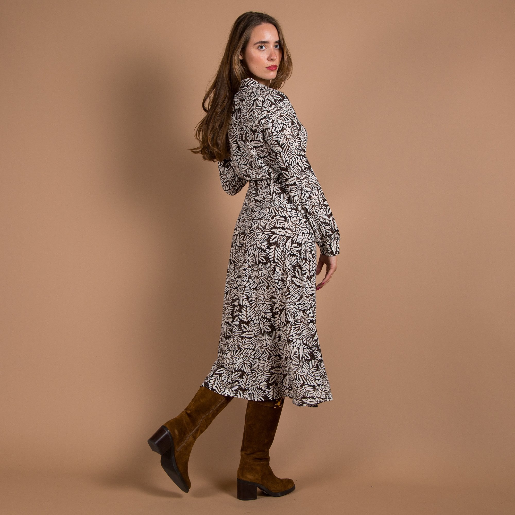 Part Two Shelby Belted Leaf Print Midi Shirt Dress Black/ivory