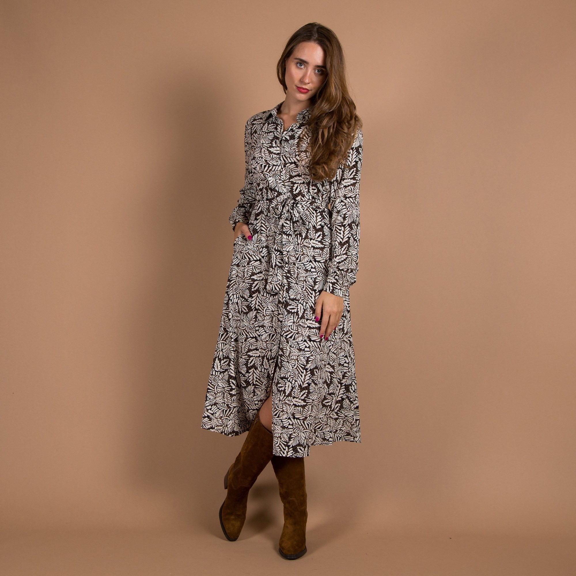 Part Two Shelby Belted Leaf Print Midi Shirt Dress Black/ivory