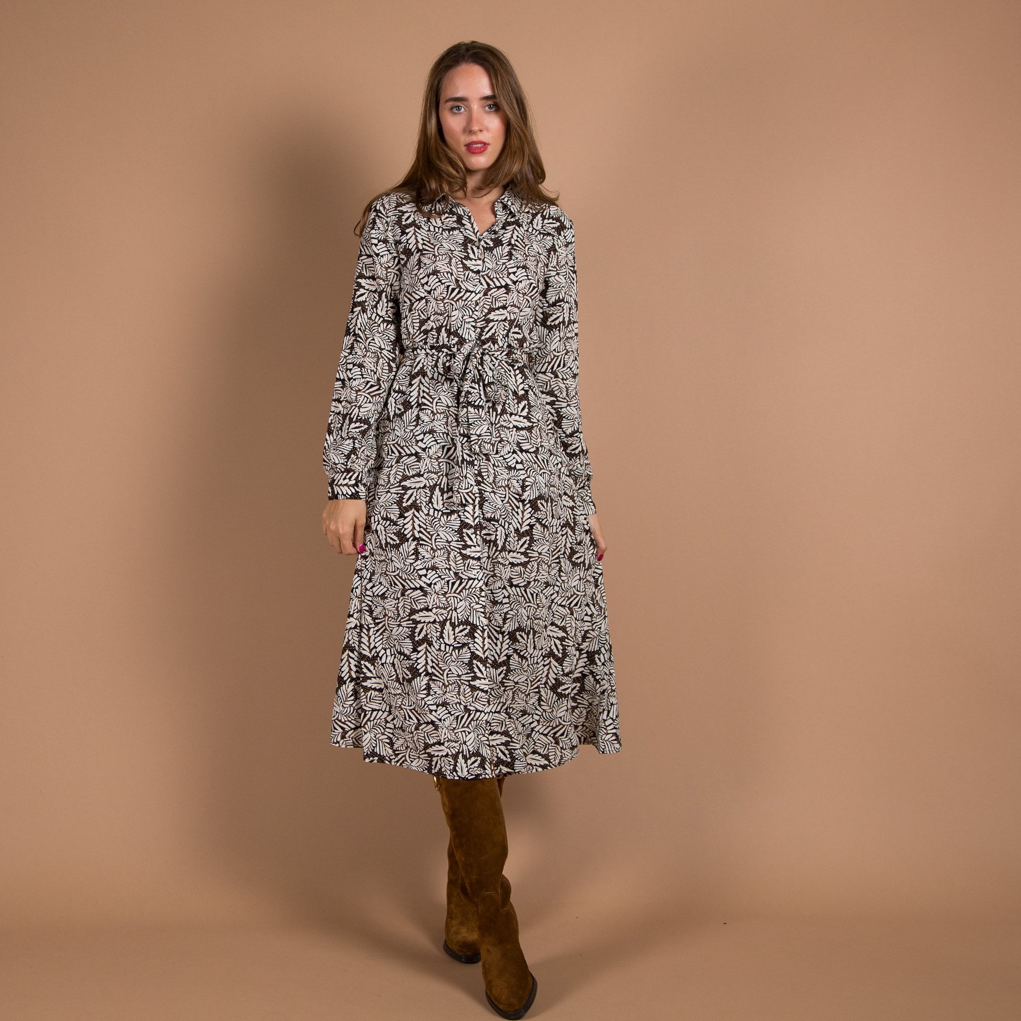 Part Two Shelby Belted Leaf Print Midi Shirt Dress Black/ivory