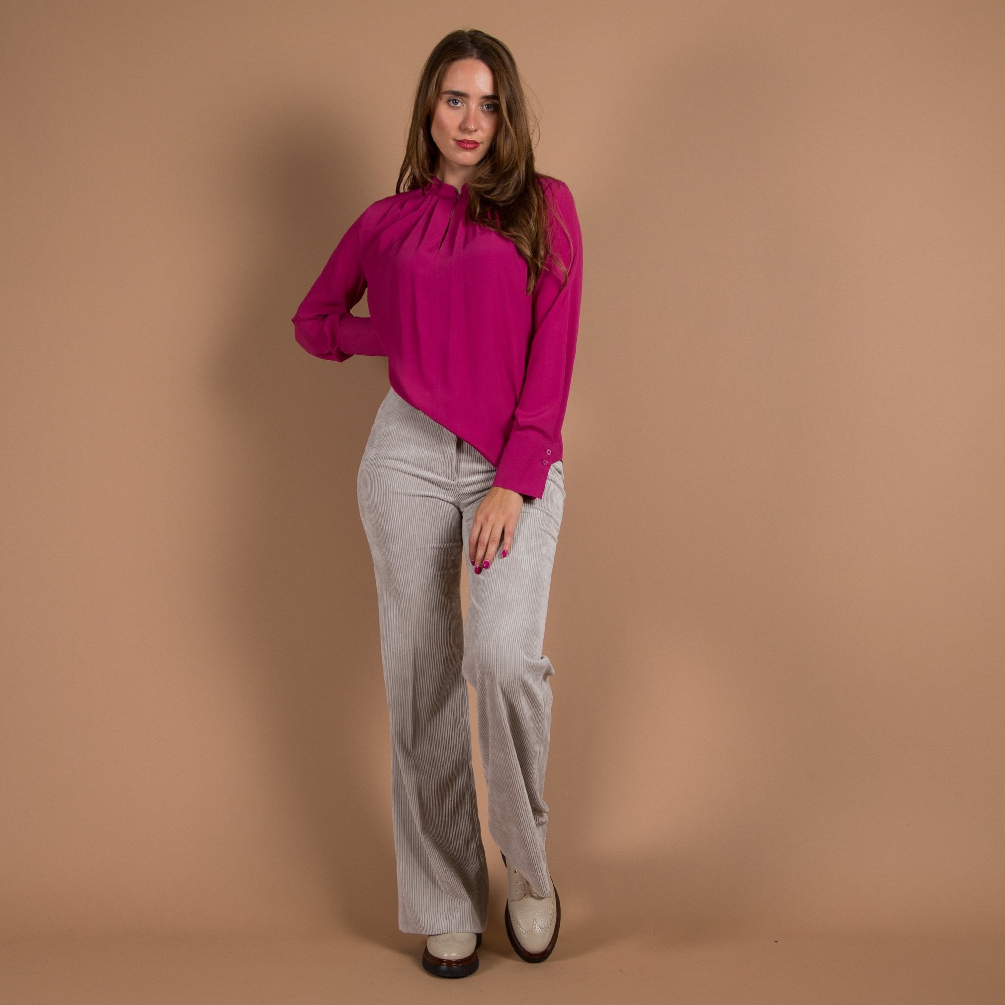 Luisa Cerano Silk Blend Nehru Collar Pleat Blouse Deep Fuchsia