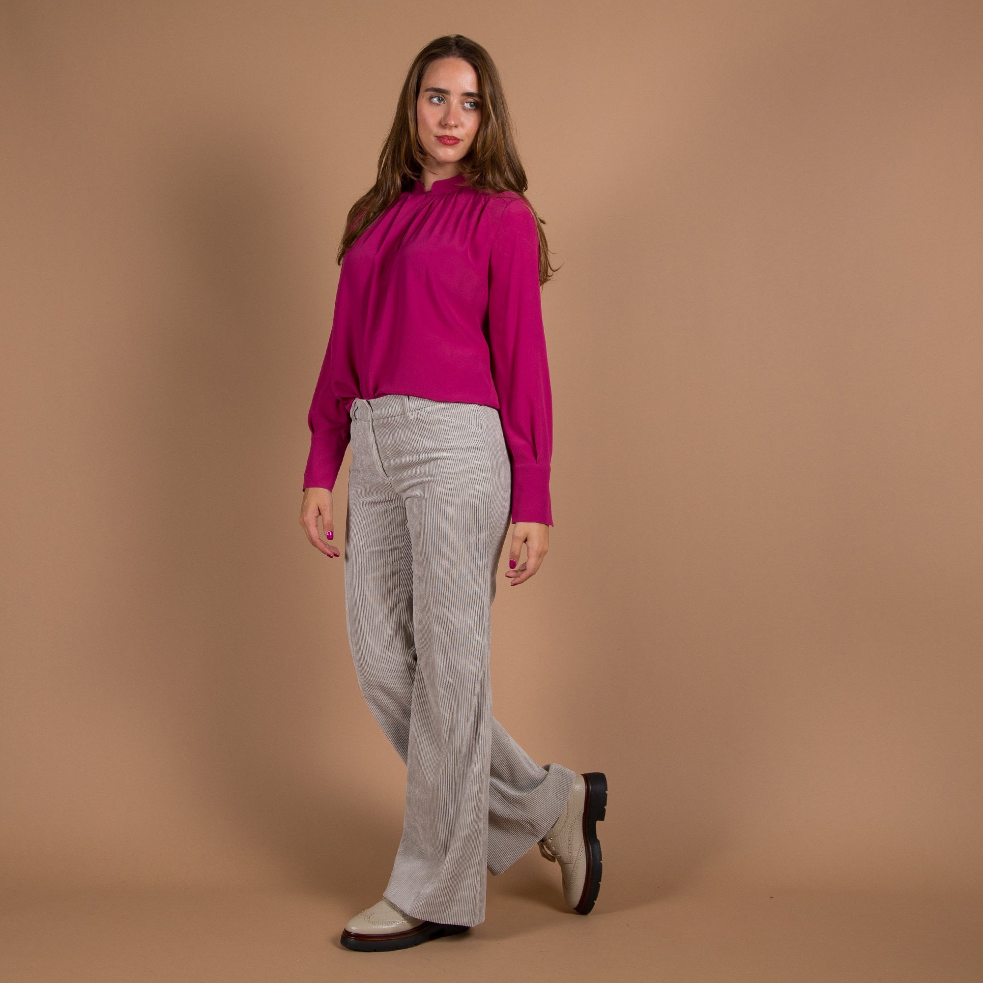 Luisa Cerano Silk Blend Nehru Collar Pleat Blouse Deep Fuchsia