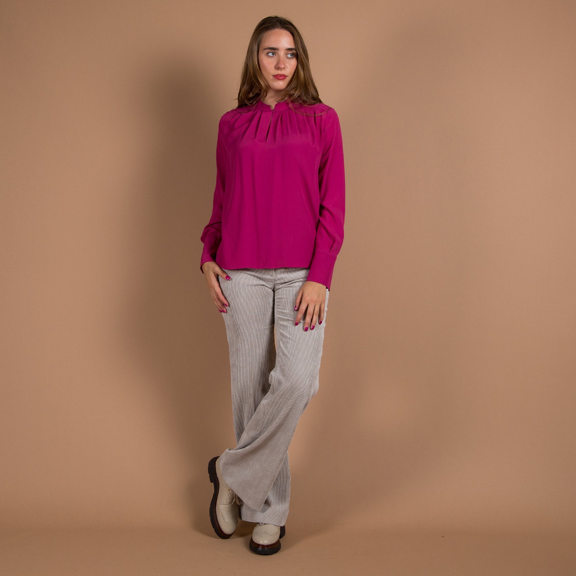 Luisa Cerano Silk Blend Nehru Collar Pleat Blouse Deep Fuchsia