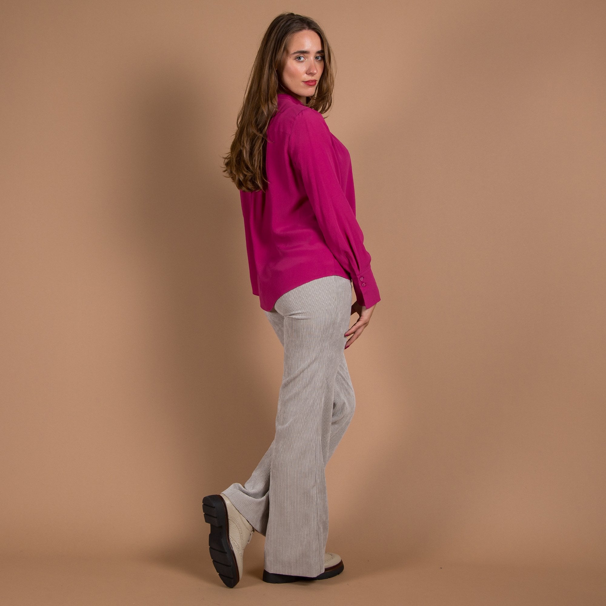 Luisa Cerano Silk Blend Nehru Collar Pleat Blouse Deep Fuchsia