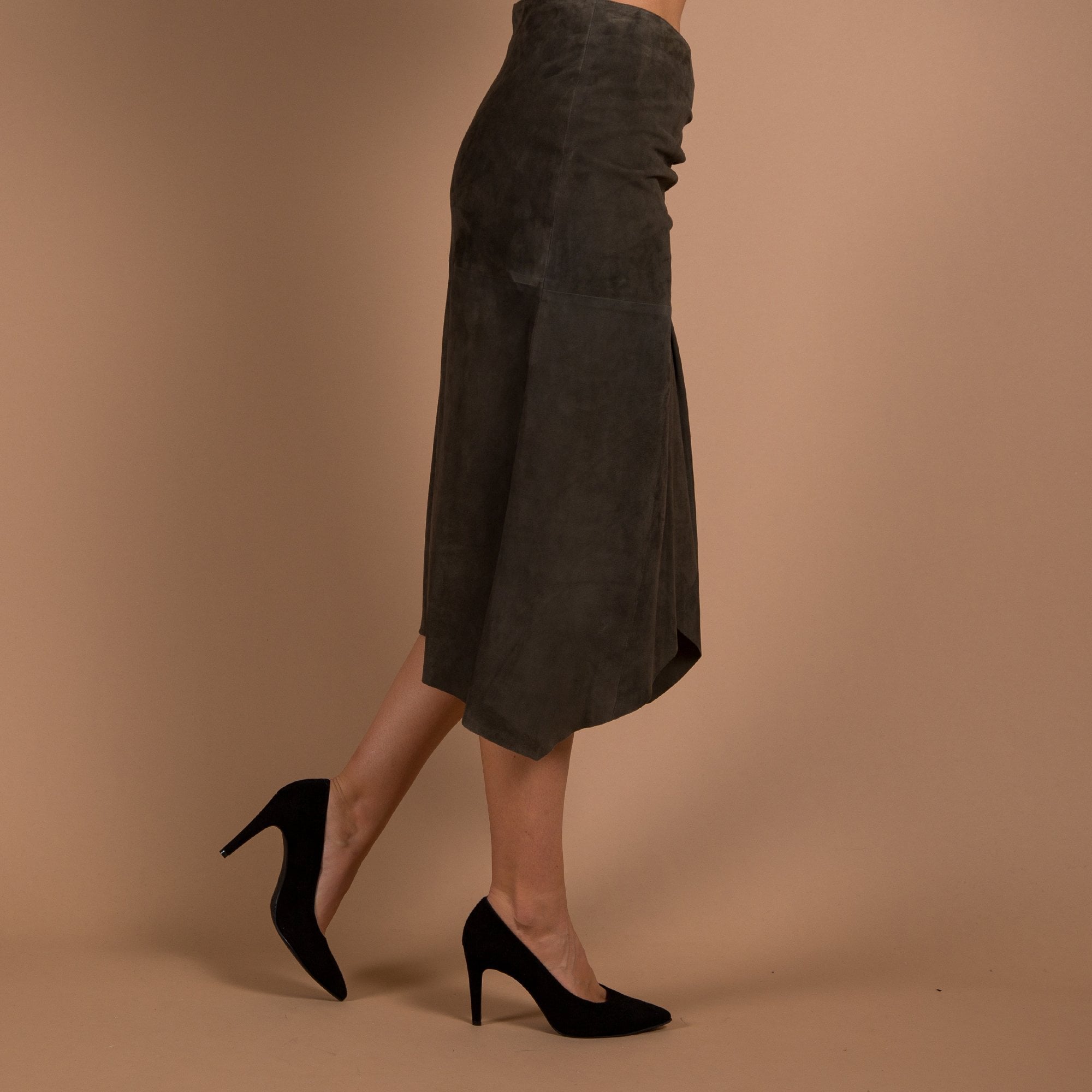 Luisa Cerano Suede Asymmetric Ruched Side Skirt Khaki