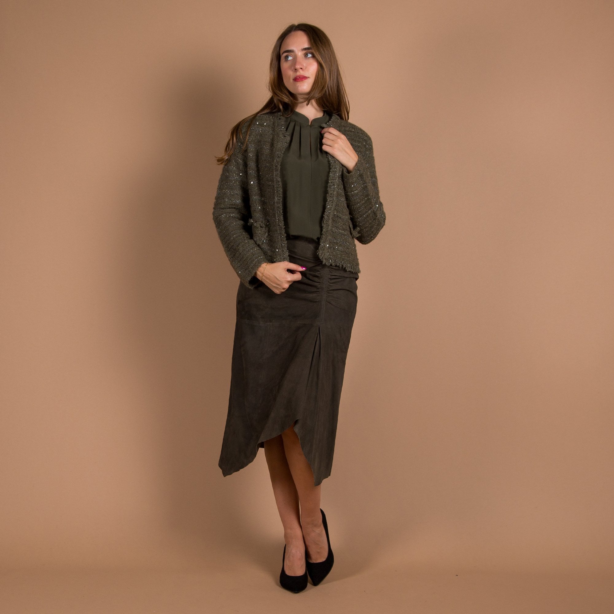 Luisa Cerano Suede Asymmetric Ruched Side Skirt Khaki