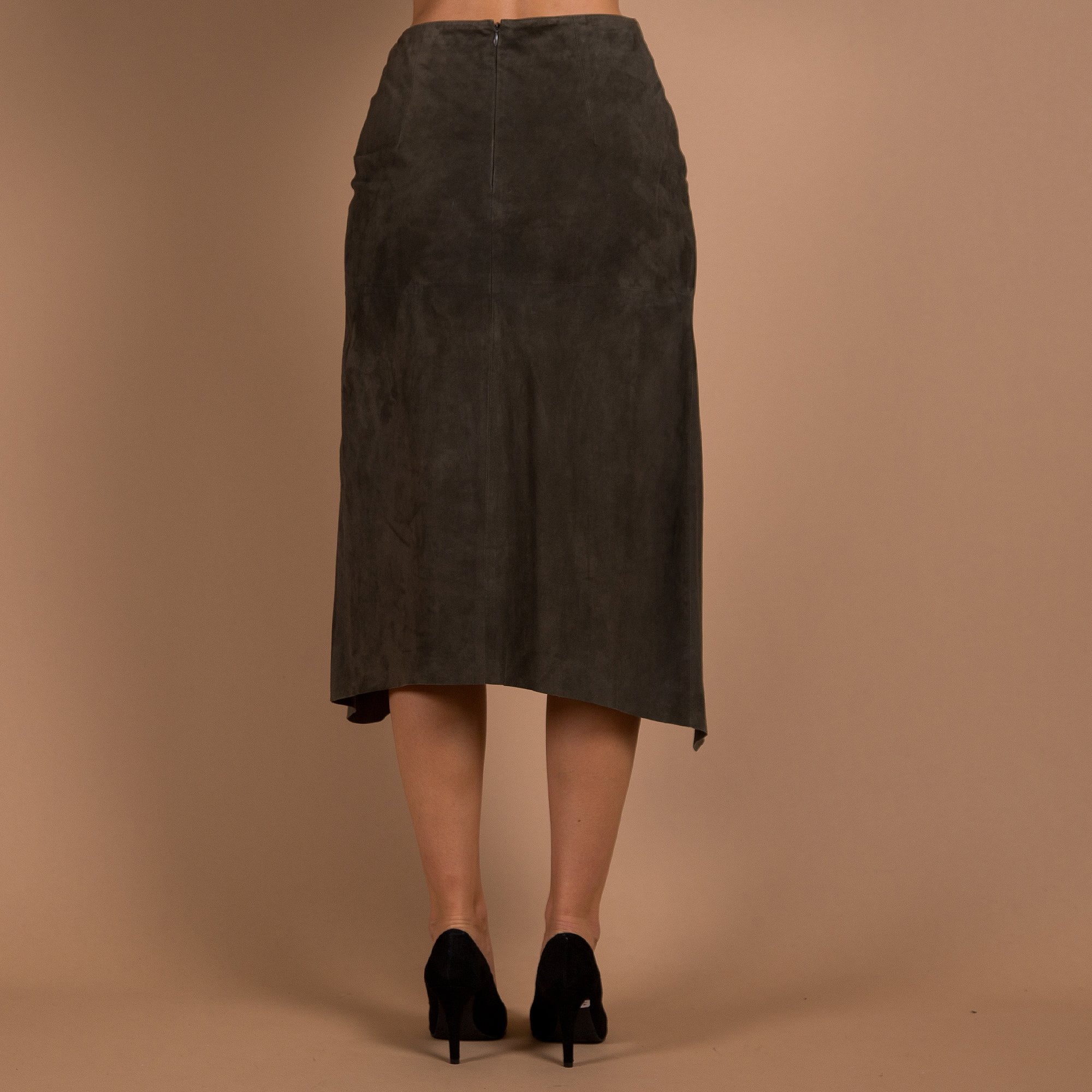 Luisa Cerano Suede Asymmetric Ruched Side Skirt Khaki