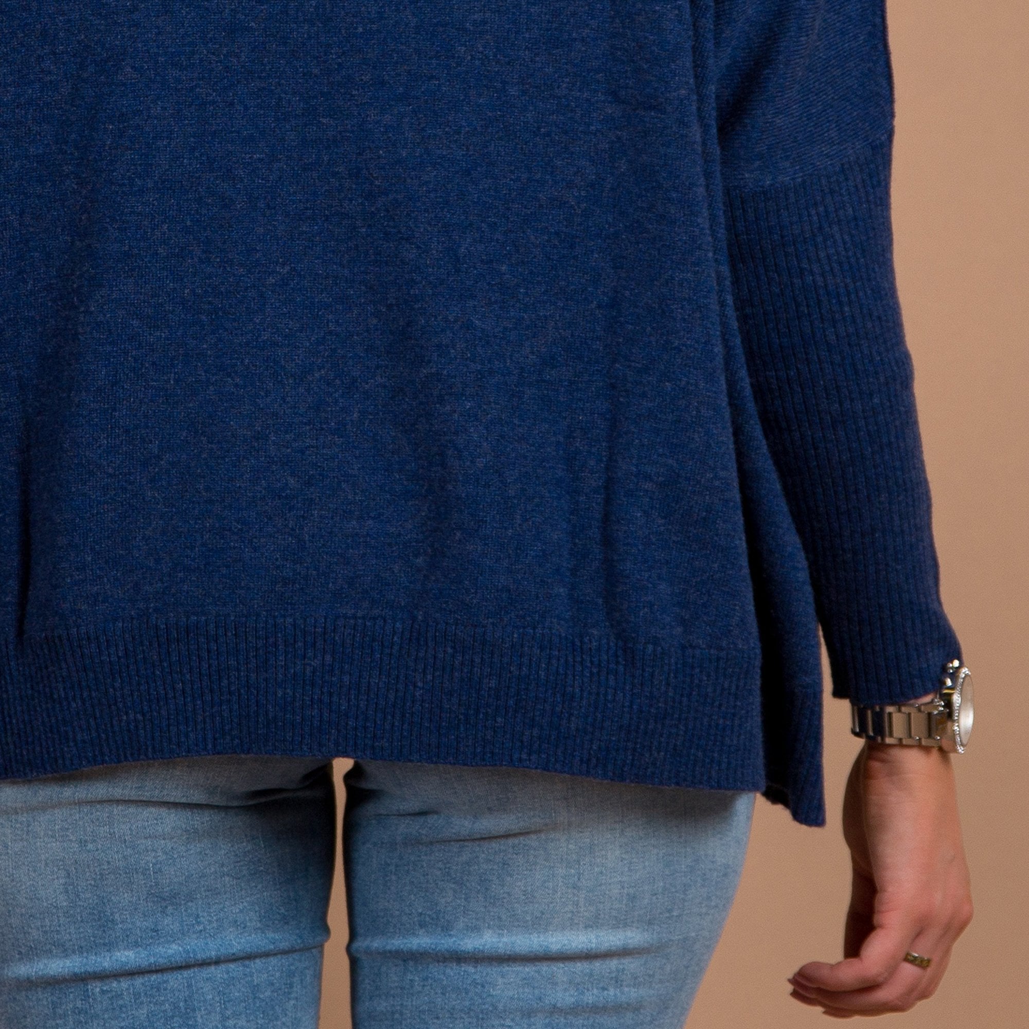 Repeat Cashmere Roll Neck A Line Pocket Front Cashmere Jumper Sapphire Blue