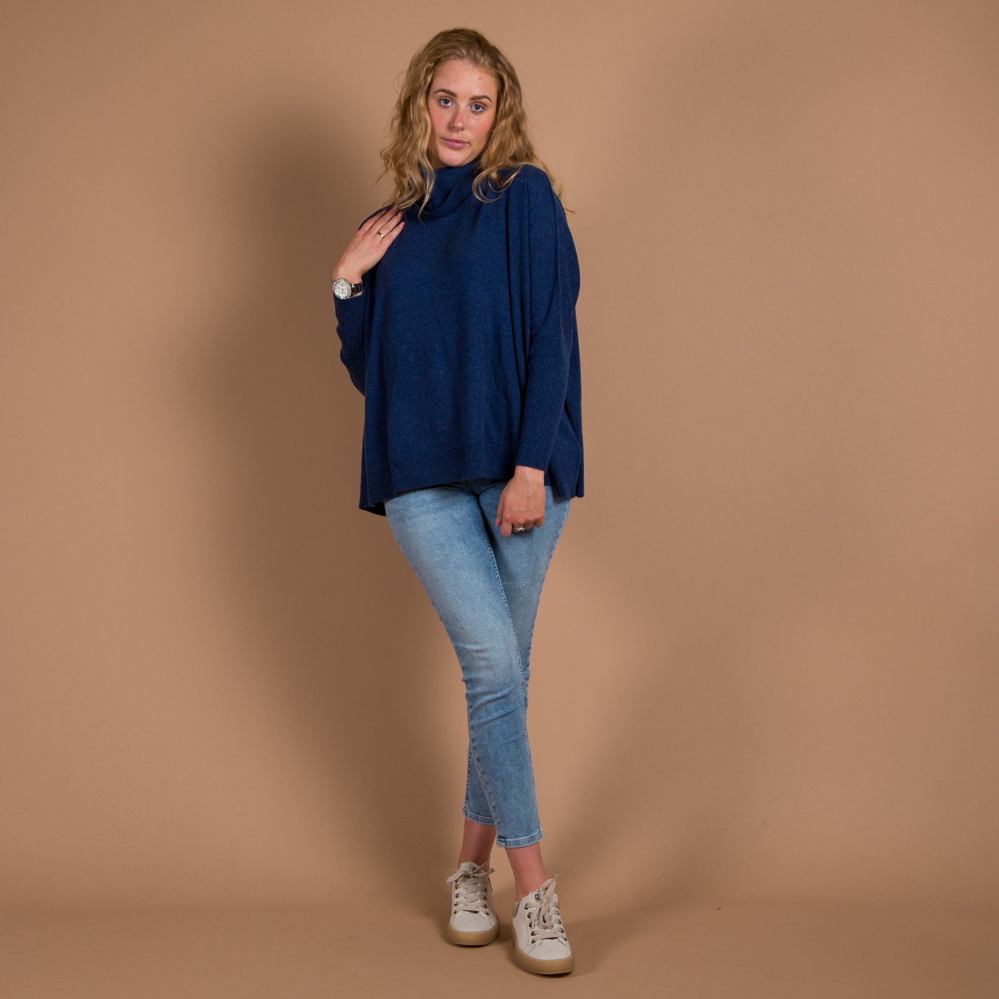 Repeat Cashmere Roll Neck A Line Pocket Front Cashmere Jumper Sapphire Blue
