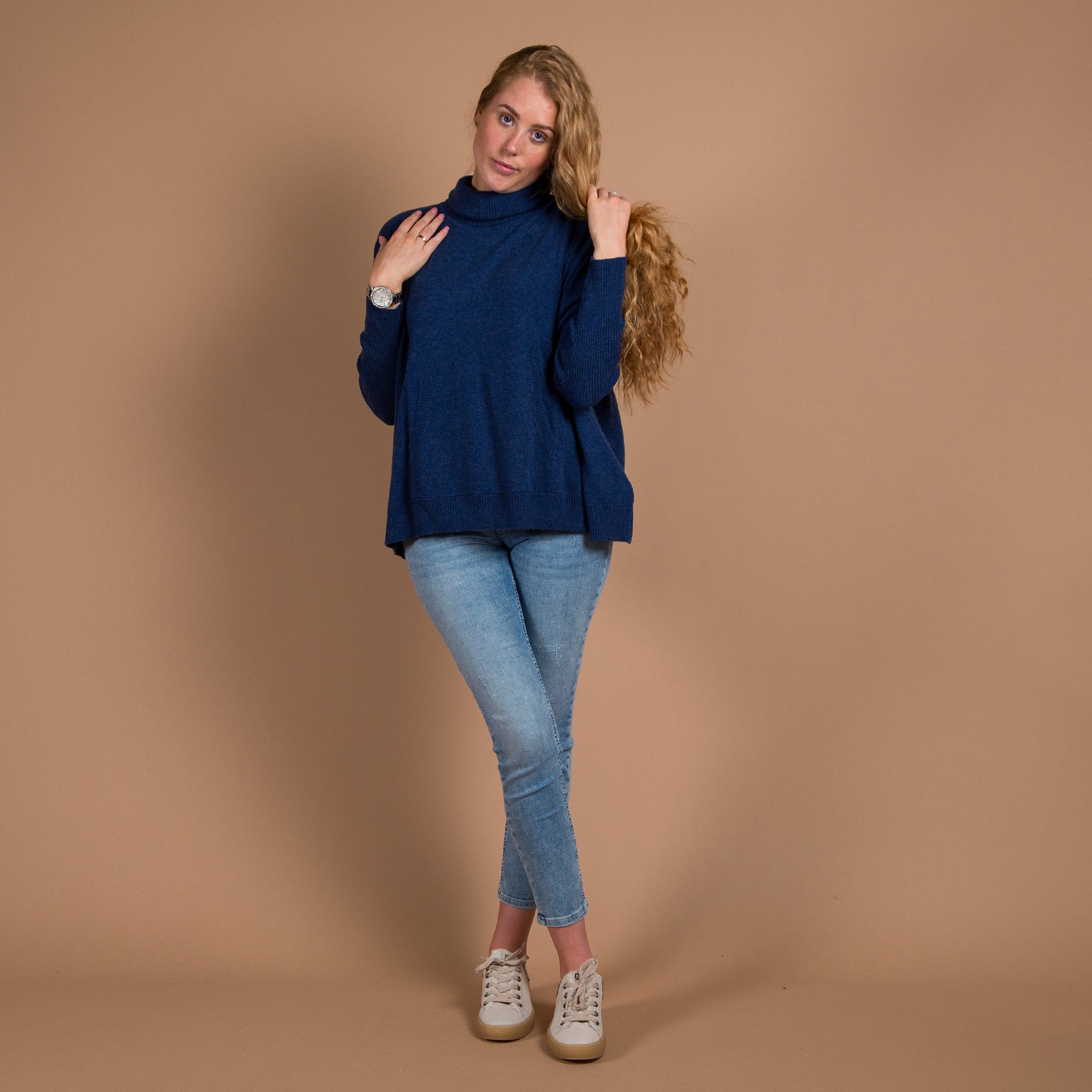 Repeat Cashmere Roll Neck A Line Pocket Front Cashmere Jumper Sapphire Blue