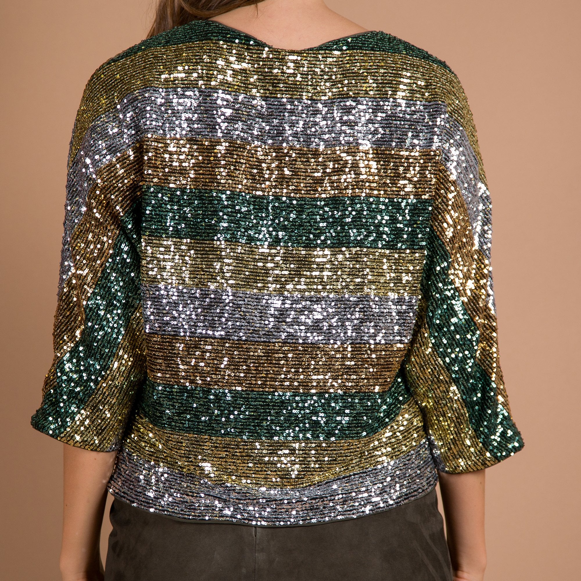 Luisa Cerano Kimono Style Striped Sequin Top Green/Gold