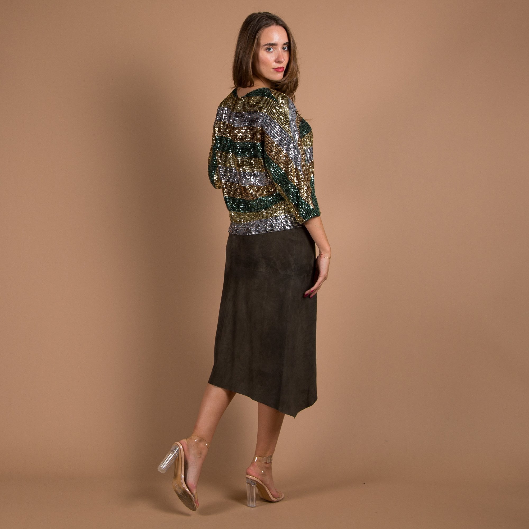 Luisa Cerano Kimono Style Striped Sequin Top Green/Gold