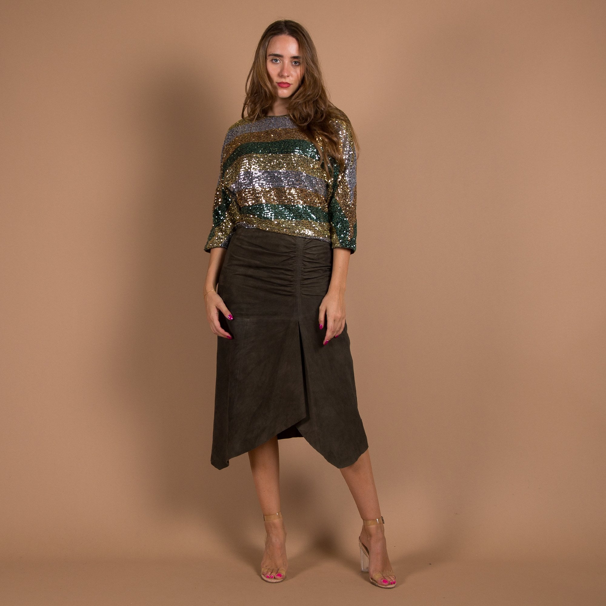 Luisa Cerano Kimono Style Striped Sequin Top Green/Gold